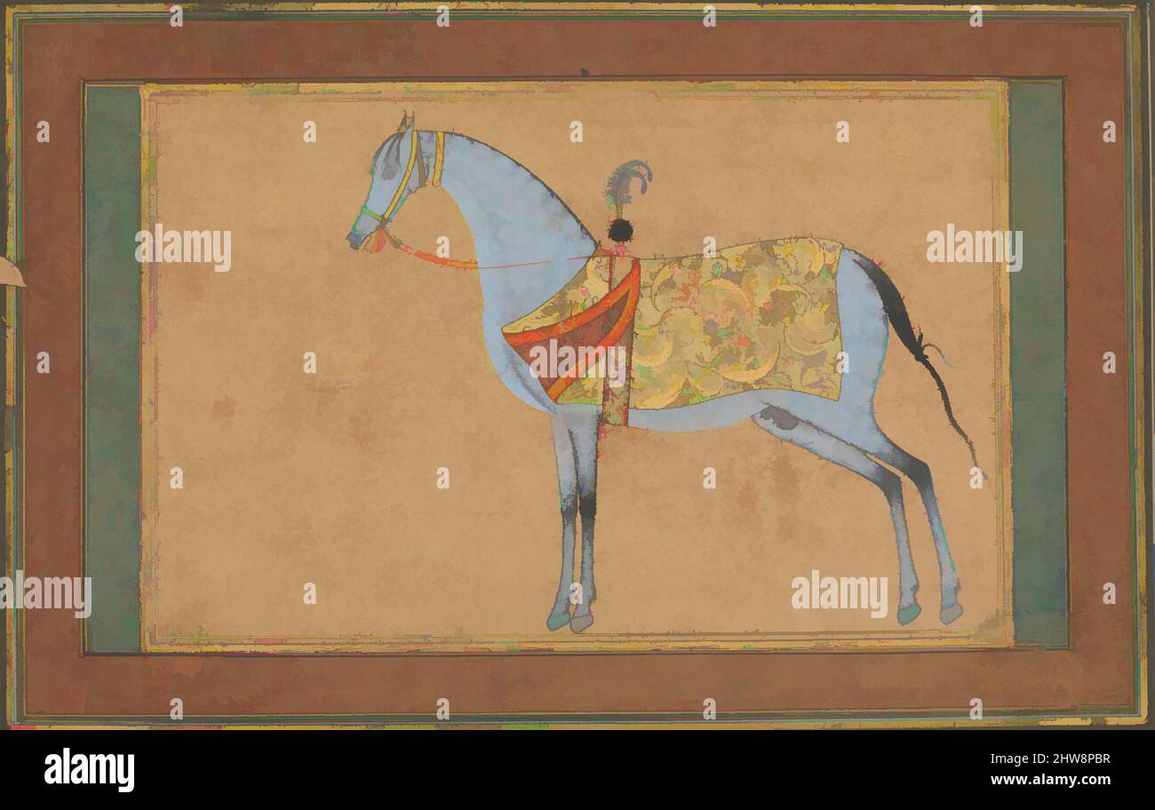 Arte ispirata Da Uno Stallion, ca. 1601–6, attribuito all'Afghanistan attuale, ad Herat, all'inchiostro, all'acquerello opaco e all'oro su carta, pagina: W. 11 7/8 x H. 8 in. (30,1 x 20,3 cm); verniciatura: H. 7 3/4 x W. 5 poll. (19,7 x 12,7 cm), Codices, Pittura di Habiballah di Sava (attivo ca. 1590–1610, opere classiche modernizzate da Artotop con un tocco di modernità. Forme, colore e valore, impatto visivo accattivante sulle emozioni artistiche attraverso la libertà delle opere d'arte in modo contemporaneo. Un messaggio senza tempo che persegue una nuova direzione selvaggiamente creativa. Artisti che si rivolgono al supporto digitale e creano l'NFT Artotop Foto Stock