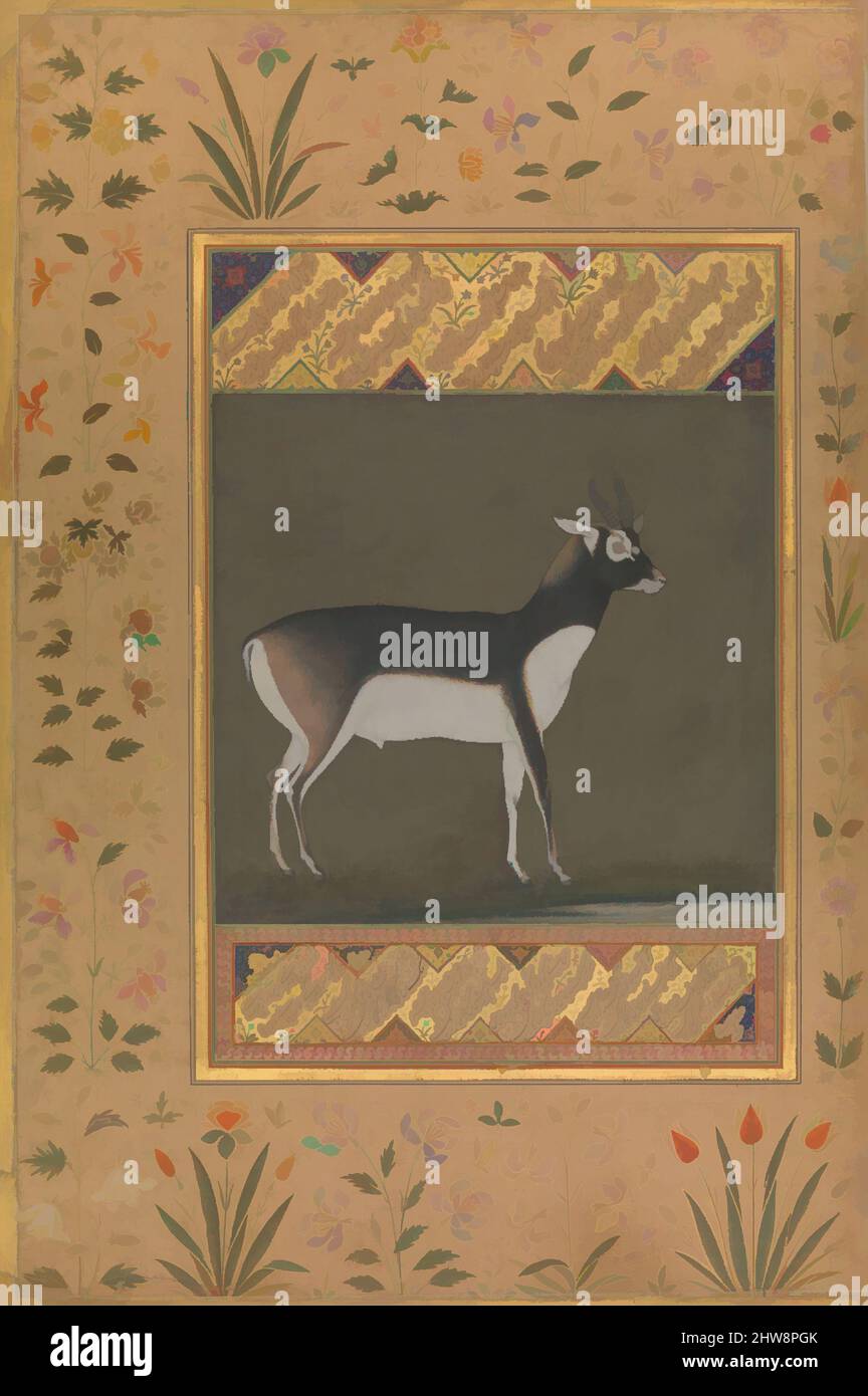 Art Inspired by Black Buck', Folio from the Shah Jahan Album, recto: CA. 1615–20; verso: ca. 1530–50, attribuito all'India, inchiostro, acquerello opaco e oro su carta, H. 15 3/8 poll. (39 cm), Codici, Pittura attribuita a Manohar (attivo ca. 1582–1624), il formato squarish di questo, opere classiche modernizzate da Artotop con un tuffo di modernità. Forme, colore e valore, impatto visivo accattivante sulle emozioni artistiche attraverso la libertà delle opere d'arte in modo contemporaneo. Un messaggio senza tempo che persegue una nuova direzione selvaggiamente creativa. Artisti che si rivolgono al supporto digitale e creano l'NFT Artotop Foto Stock