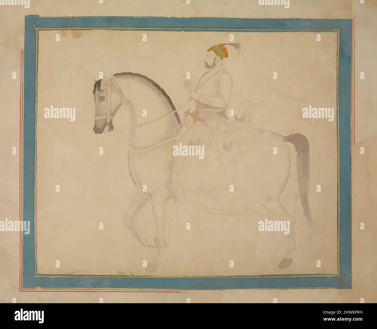 Arte ispirata da Nawab Muzaffar 'Ali Khan a Horseback, ca. 1730, attribuito all'India, inchiostro, acquerello opaco, oro su carta, 7 7/8 x 9 5/8 poll. (20 x 24,4 cm), Codices, attribuito a Rai Kalyan Das (Chitarman II) (attivo dal 1715 al 60), Muzaffar 'Ali Khan fu governatore di Ajmer sotto le opere classiche modernizzate da Artotop con un tuffo di modernità. Forme, colore e valore, impatto visivo accattivante sulle emozioni artistiche attraverso la libertà delle opere d'arte in modo contemporaneo. Un messaggio senza tempo che persegue una nuova direzione selvaggiamente creativa. Artisti che si rivolgono al supporto digitale e creano l'NFT Artotop Foto Stock
