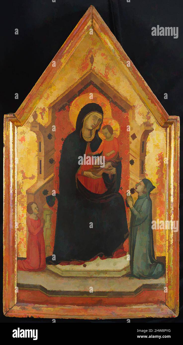 Arte ispirata da Madonna e Bambino intronata con due donatori, 1315–30, Tempera in legno, oro macinato, tuta, con telaio innestato, 20 3/4 x 11 3/4 poll. (52,7 x 29,8 cm), dipinti, Maestro Ducciesco Goodhart (italiano, Siena, attivo ca. 1315–30, opere classiche modernizzate da Artotop con un tocco di modernità. Forme, colore e valore, impatto visivo accattivante sulle emozioni artistiche attraverso la libertà delle opere d'arte in modo contemporaneo. Un messaggio senza tempo che persegue una nuova direzione selvaggiamente creativa. Artisti che si rivolgono al supporto digitale e creano l'NFT Artotop Foto Stock