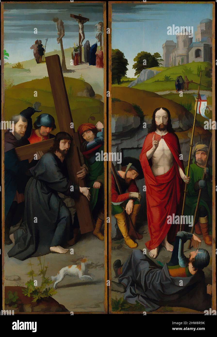 Arte ispirata da Cristo che porta la Croce, con la Crocifissione; la Risurrezione, con i pellegrini di Emmaus, ca. 1510, olio su pannello di quercia, ala sinistra: 34 1/2 x 11 5/8 poll. (87,7 x 29,5 cm), superficie verniciata 34 x 11 poll. (86,4 x 27,9 cm); ala destra: 34 1/2 x 11 3/4 poll. (87,6 x 30 cm, opere classiche modernizzate da Artotop con un tuffo di modernità. Forme, colore e valore, impatto visivo accattivante sulle emozioni artistiche attraverso la libertà delle opere d'arte in modo contemporaneo. Un messaggio senza tempo che persegue una nuova direzione selvaggiamente creativa. Artisti che si rivolgono al supporto digitale e creano l'NFT Artotop Foto Stock