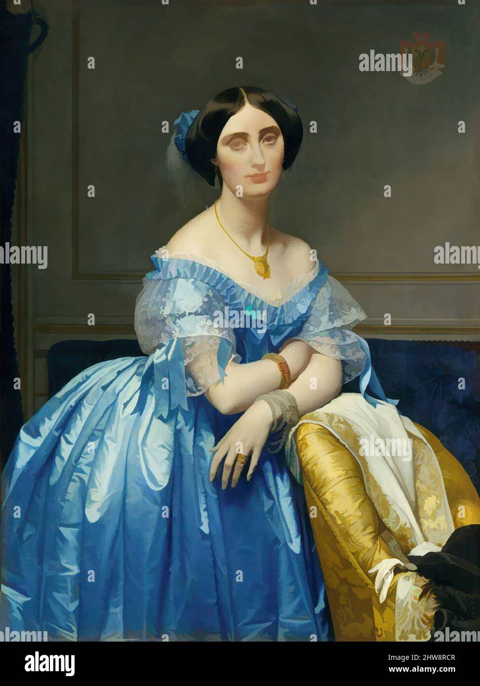 Arte ispirata da Joséphine-Éléonore-Marie-Pauline de Galard de Brassac de Béarn (1825–1860), Princesse de Broglie, 1851–53, olio su tela, 47 3/4 x 35 3/4 pollici. (121,3 x 90,8 cm), dipinti, Jean Auguste Dominique Ingres (francese, Montauban 1780–1867 Parigi), Jean-Auguste-Dominique Ingres, opere classiche modernizzate da Artotop con un tocco di modernità. Forme, colore e valore, impatto visivo accattivante sulle emozioni artistiche attraverso la libertà delle opere d'arte in modo contemporaneo. Un messaggio senza tempo che persegue una nuova direzione selvaggiamente creativa. Artisti che si rivolgono al supporto digitale e creano l'NFT Artotop Foto Stock