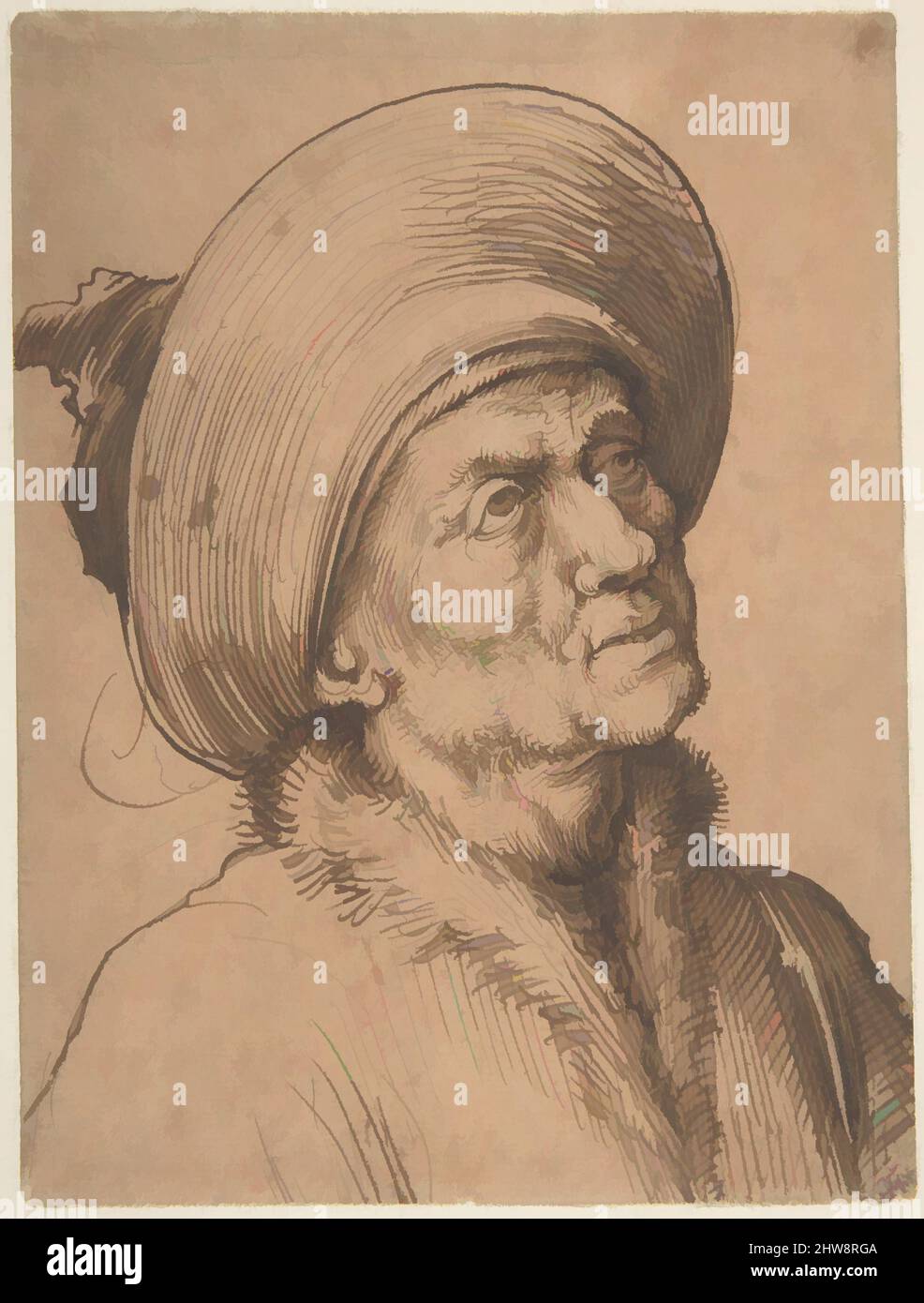 Arte ispirata dal busto di un uomo in un cappello che guarda verso l'alto, ca. 1480–90, inchiostro nero a penna e a carbone, su penna e inchiostro marrone, su carta preparata con lavaggio a base di sanguina, 5 1/8 x 3 7/8 pollici (13 x 9,6 cm), disegni, Martin Schongauer (tedesco, Colmar ca. 1435/50–1491 Breisach), famosa anche nella sua, opere classiche modernizzate da Artotop con un tuffo di modernità. Forme, colore e valore, impatto visivo accattivante sulle emozioni artistiche attraverso la libertà delle opere d'arte in modo contemporaneo. Un messaggio senza tempo che persegue una nuova direzione selvaggiamente creativa. Artisti che si rivolgono al supporto digitale e creano l'NFT Artotop Foto Stock