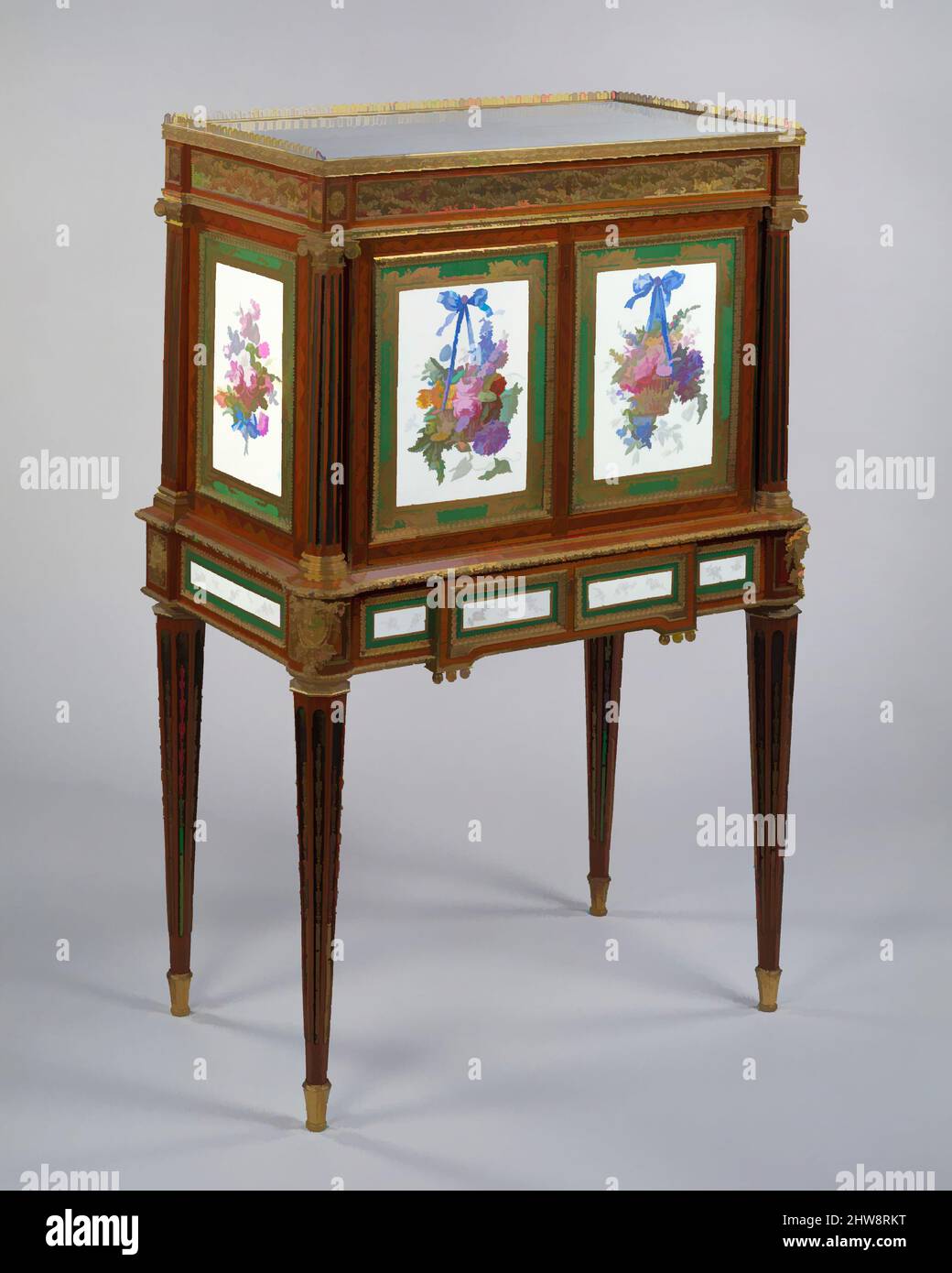 Arte ispirata dal Segretario, ca. 1781–85, Rovere impiallacciato con tulipwood, amaranto, agrifoglio, agrifoglio e altri legni di marquesia; ottone; metallo verde; supporti in bronzo dorato; piano in marmo. Placche in porcellana a pasta morbida della fabbrica Sèvres., H. 120,3 cm, W. 80 cm, D. 45,7 cm, opere classiche modernizzate da Artotop con un tuffo di modernità. Forme, colore e valore, impatto visivo accattivante sulle emozioni artistiche attraverso la libertà delle opere d'arte in modo contemporaneo. Un messaggio senza tempo che persegue una nuova direzione selvaggiamente creativa. Artisti che si rivolgono al supporto digitale e creano l'NFT Artotop Foto Stock