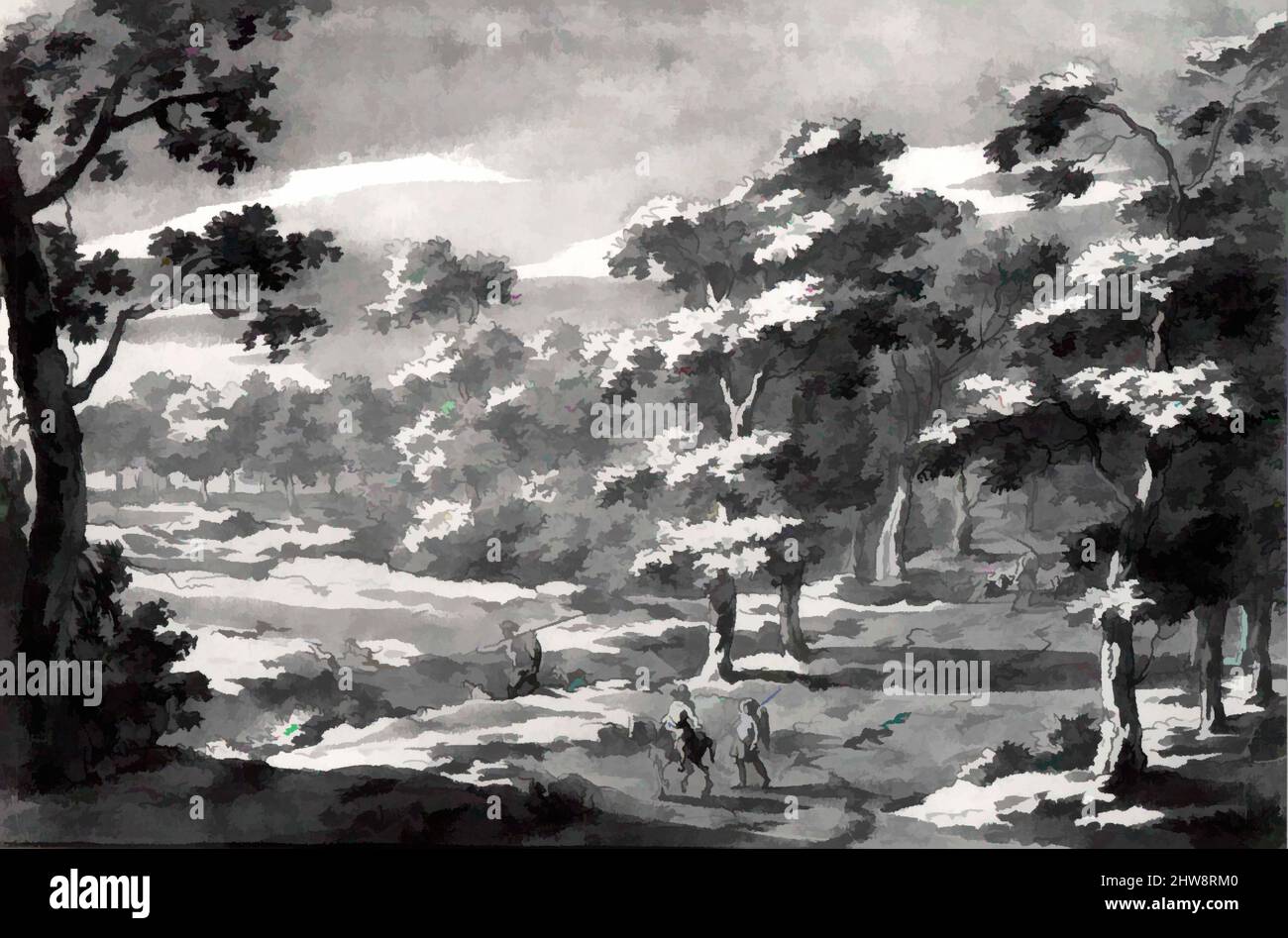 Arte ispirata a Forest Clearing with Figures, prima del 1700, penna e inchiostro marrone, lavaggio marrone su carta con supporto Giappone., 6 1/8 x 9 3/16 pollici (15,5 x 23,3 cm), disegni, Jan Frans van Bloemen (Fiammingo, Anversa 1662–1749 Roma) (?), anche se l'identità dell'artista rimane sconosciuta, opere classiche modernizzate da Artotop con un tuffo di modernità. Forme, colore e valore, impatto visivo accattivante sulle emozioni artistiche attraverso la libertà delle opere d'arte in modo contemporaneo. Un messaggio senza tempo che persegue una nuova direzione selvaggiamente creativa. Artisti che si rivolgono al supporto digitale e creano l'NFT Artotop Foto Stock