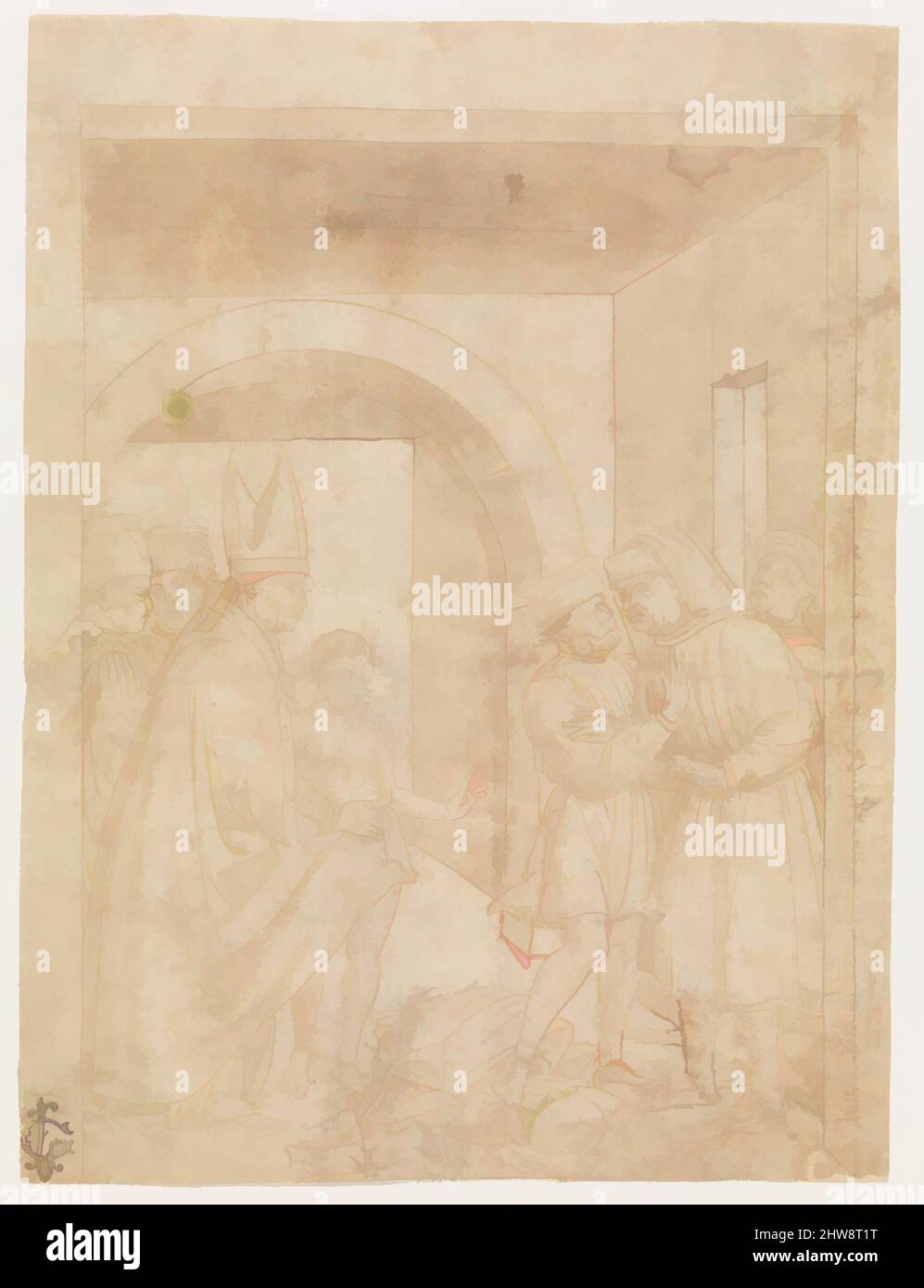 Arte ispirata da San Francesco davanti al Vescovo, ca. 1469, penna e inchiostro marrone chiaro e scuro, lavaggio marrone, tracce di gesso nero, 9 5/8 x 7 3/16 pollici (24,5 x 18,3 cm), disegni, attribuiti a Niccolò Solimani (Niccolò da Verona) (atto Mantova. 1461–93), San Francesco di, opere classiche modernizzate da Artotop con un tuffo di modernità. Forme, colore e valore, impatto visivo accattivante sulle emozioni artistiche attraverso la libertà delle opere d'arte in modo contemporaneo. Un messaggio senza tempo che persegue una nuova direzione selvaggiamente creativa. Artisti che si rivolgono al supporto digitale e creano l'NFT Artotop Foto Stock