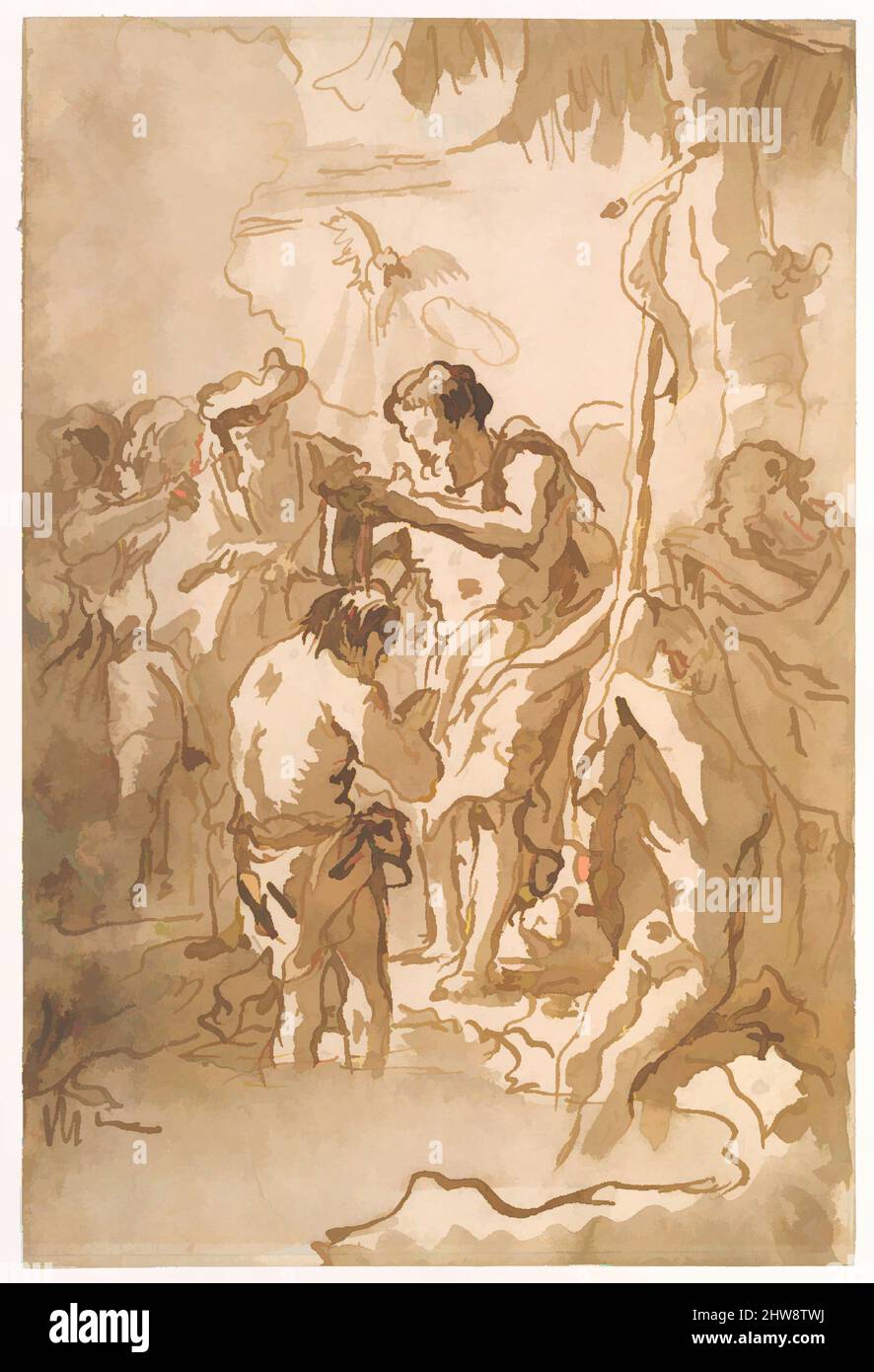 Arte ispirata al Battesimo di Cristo (con Cristo in piedi al centro di sinistra, la sua schiena voltata, e un spogliamento dei giovani nel primo piano di destra), ca. 1770–90, inchiostro Pen e marrone, lavaggio marrone chiaro, 10 1/8 x 6 3/4 poll. (25,7 x 17,1 cm), disegni, Giovanni Domenico Tiepolo (Italiano, Venezia 1727–, opere classiche modernizzate da Artotop con un tuffo di modernità. Forme, colore e valore, impatto visivo accattivante sulle emozioni artistiche attraverso la libertà delle opere d'arte in modo contemporaneo. Un messaggio senza tempo che persegue una nuova direzione selvaggiamente creativa. Artisti che si rivolgono al supporto digitale e creano l'NFT Artotop Foto Stock