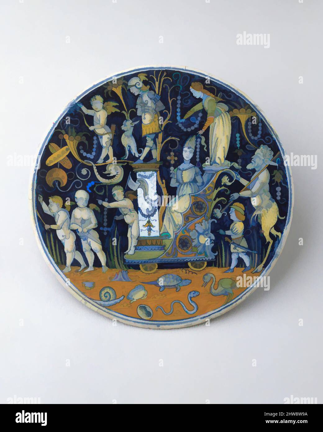 Arte ispirata da roundel (tondo), ca. 1510–20, italiano, Castel durante, maiolica (terracotta stagnata), diametro: 8 3/4" (22,2 cm), Ceramica-Ceramica, eventualmente laboratorio di Giovanni Maria Vasaro (Castel durante), attivo all'inizio del 16th secolo), considerata una delle più, opere classiche modernizzate da Artotop con un tuffo di modernità. Forme, colore e valore, impatto visivo accattivante sulle emozioni artistiche attraverso la libertà delle opere d'arte in modo contemporaneo. Un messaggio senza tempo che persegue una nuova direzione selvaggiamente creativa. Artisti che si rivolgono al supporto digitale e creano l'NFT Artotop Foto Stock