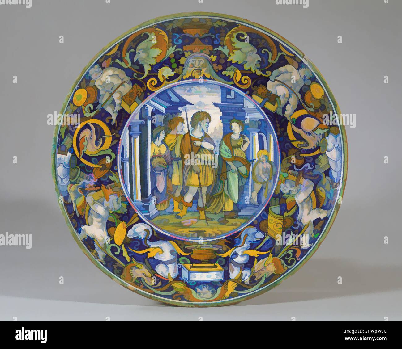 Arte ispirata da Dish (coppa): La storia di Enea: La regina Dido di Cartagine accoglie Enea e suo figlio., ca. 1520, italiano, Castel durante, maiolica (terracotta stagnata), diametro: 10 1/16" (25,5 cm), Ceramica-ceramica, eventualmente laboratorio di Giovanni Maria Vasaro (Castel, opere classiche modernizzate da Artotop con un tuffo di modernità. Forme, colore e valore, impatto visivo accattivante sulle emozioni artistiche attraverso la libertà delle opere d'arte in modo contemporaneo. Un messaggio senza tempo che persegue una nuova direzione selvaggiamente creativa. Artisti che si rivolgono al supporto digitale e creano l'NFT Artotop Foto Stock