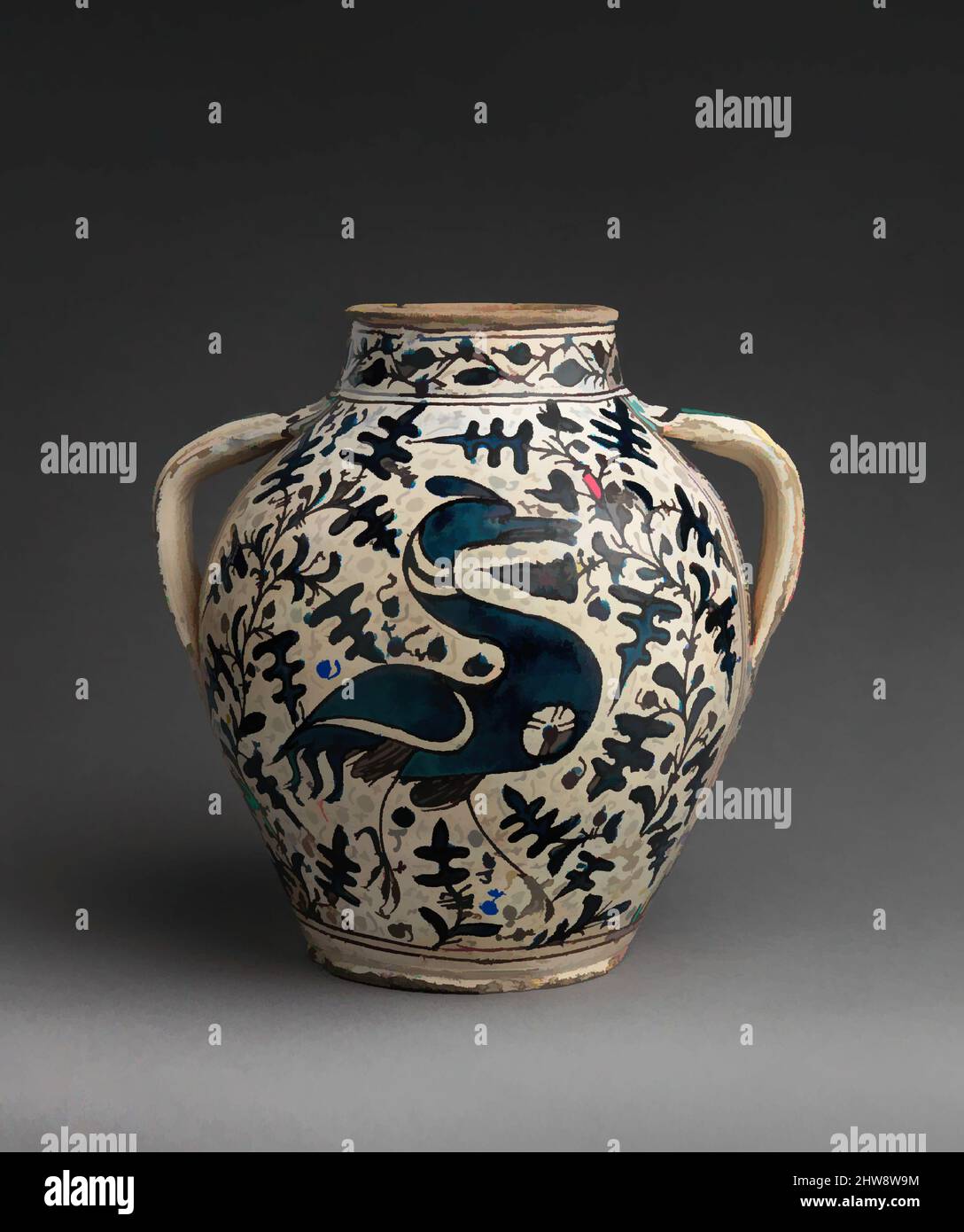 Arte ispirata da vaso di Apotecario (orciuolo), probabilmente 1431, maiolica (terracotta stagnata), H. 12 3/8 poll. (31,5 cm), Ceramica-Ceramica, forse laboratorio di Giunta di Tugio (Firenze), attivo ca. 1430–1466), è probabile che questo grande e impressionante vaso di apothecary, decorato, opere classiche modernizzate da Artotop con un tuffo di modernità. Forme, colore e valore, impatto visivo accattivante sulle emozioni artistiche attraverso la libertà delle opere d'arte in modo contemporaneo. Un messaggio senza tempo che persegue una nuova direzione selvaggiamente creativa. Artisti che si rivolgono al supporto digitale e creano l'NFT Artotop Foto Stock