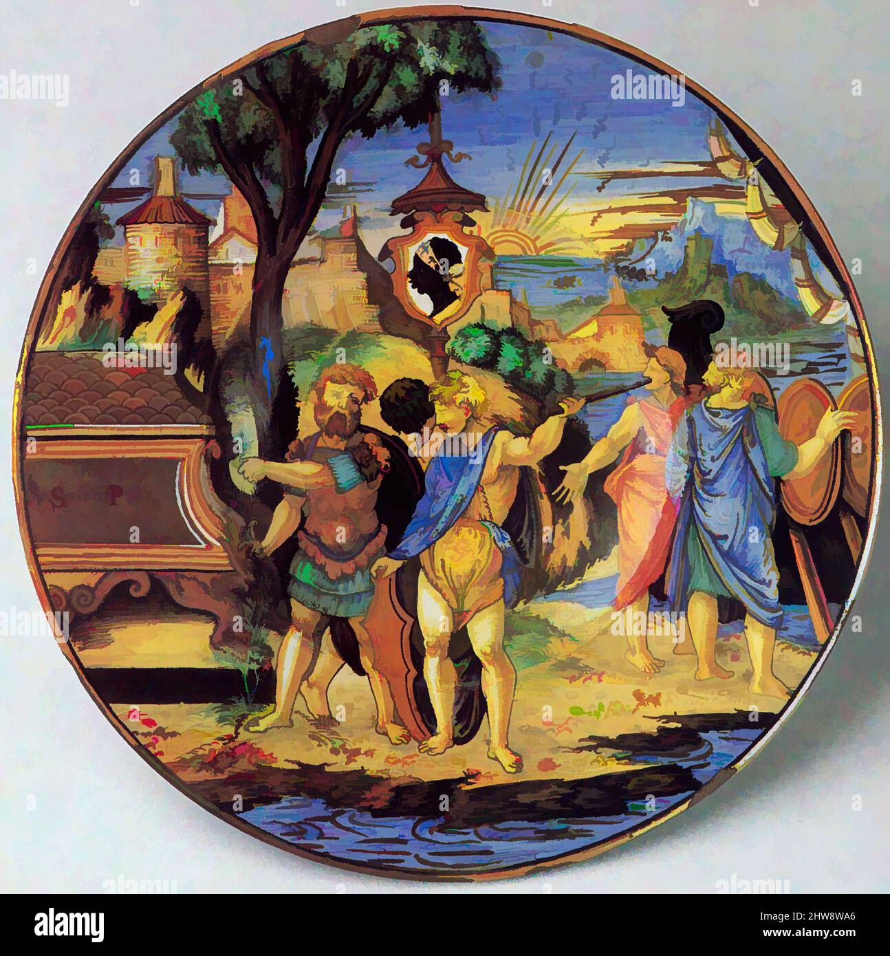 Arte ispirata dal piatto (piatto): La storia di Enea, 1532, maiolica (terracotta stagnata), diametro: 11 5/8" (29,5 cm), Ceramica-ceramica, Francesco Xanto Avelli da Rovigo (italiano, Rovigo ca7–1542), questa splendida lastra faceva parte di uno dei più grandi servizi maioliche mai realizzati, opere classiche modernizzate da Artotop con un tuffo di modernità. Forme, colore e valore, impatto visivo accattivante sulle emozioni artistiche attraverso la libertà delle opere d'arte in modo contemporaneo. Un messaggio senza tempo che persegue una nuova direzione selvaggiamente creativa. Artisti che si rivolgono al supporto digitale e creano l'NFT Artotop Foto Stock