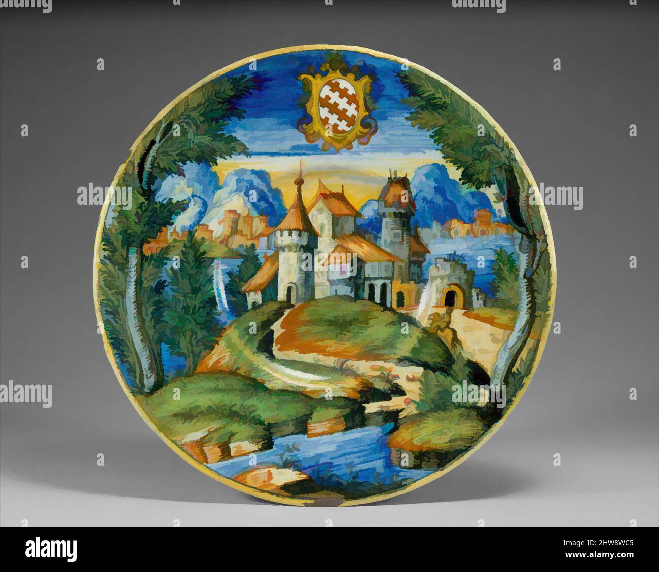 Arte ispirata al piatto (tagliere), ca. 1550–60, italiano, Urbino, maiolica (terracotta stagnata), Diam. 9 5/16 poll. (23,7 cm), Ceramica-ceramica, probabilmente laboratorio di Guido Durantino (italiano, Urbino, attivo 1516–ca. 1576), questo piatto e il suo compagno appartengono all'unico set conosciuto di opere classiche modernizzate da Artotop con un tocco di modernità. Forme, colore e valore, impatto visivo accattivante sulle emozioni artistiche attraverso la libertà delle opere d'arte in modo contemporaneo. Un messaggio senza tempo che persegue una nuova direzione selvaggiamente creativa. Artisti che si rivolgono al supporto digitale e creano l'NFT Artotop Foto Stock