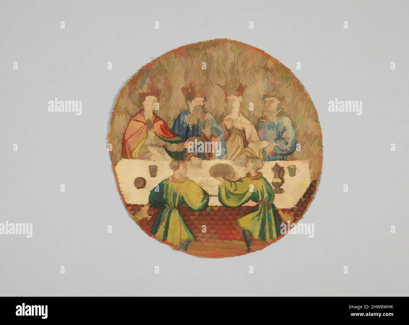 Arte ispirata a San Martino che offre la coppa del vino al sacerdote, 1430–35, fiammingo, tela piana di lino intarsiata con tela liscia di lino e seta ricamata e seta rivestita con strisce di metallo dorato in raso singolo, spaccato, e stempioli, lavori in posa, e coulching, Con o nué, 6 1/2 pollici, opere classiche modernizzate da Artotop con un tuffo di modernità. Forme, colore e valore, impatto visivo accattivante sulle emozioni artistiche attraverso la libertà delle opere d'arte in modo contemporaneo. Un messaggio senza tempo che persegue una nuova direzione selvaggiamente creativa. Artisti che si rivolgono al supporto digitale e creano l'NFT Artotop Foto Stock