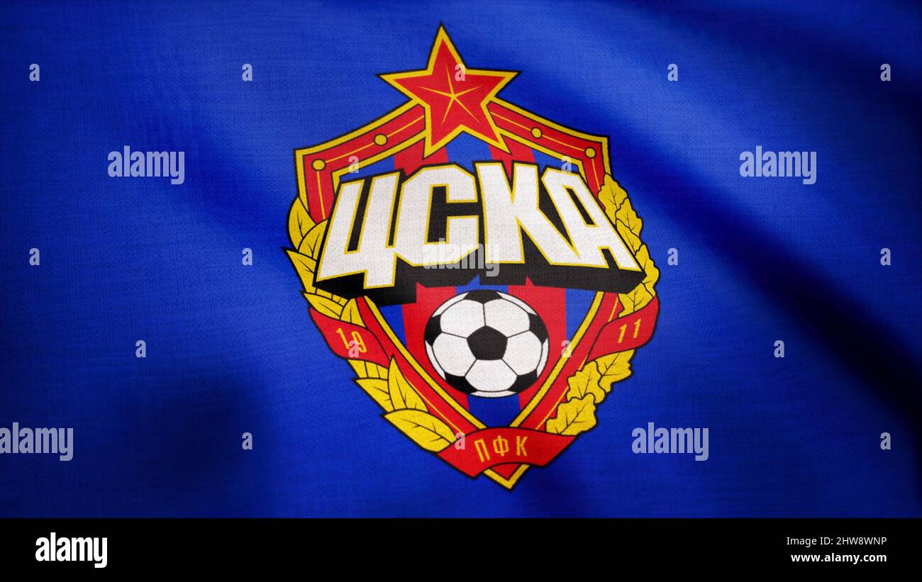 Primo piano della bandiera ondulata con il logo del club calcistico FC CSKA Moskva, anello senza cuciture. Animazione editoriale. Foto Stock