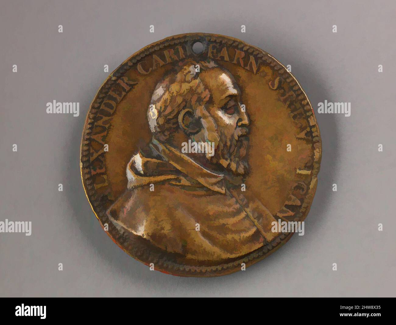 Arte ispirata dalla medaglia del Ritratto del cardinale Alessandro Farnese (obverse); il Gesù (reverse), 1575, Bronzo (lega di rame calda, Diam. 4,7 cm, peso 34,51 g., Medaglie, Giovanni V. Melon (italiano, attivo ca. 1570–90), all'età di quattordici anni, Alessandro Farnese fu nominato cardinale, opere classiche modernizzate da Artotop con un tuffo di modernità. Forme, colore e valore, impatto visivo accattivante sulle emozioni artistiche attraverso la libertà delle opere d'arte in modo contemporaneo. Un messaggio senza tempo che persegue una nuova direzione selvaggiamente creativa. Artisti che si rivolgono al supporto digitale e creano l'NFT Artotop Foto Stock