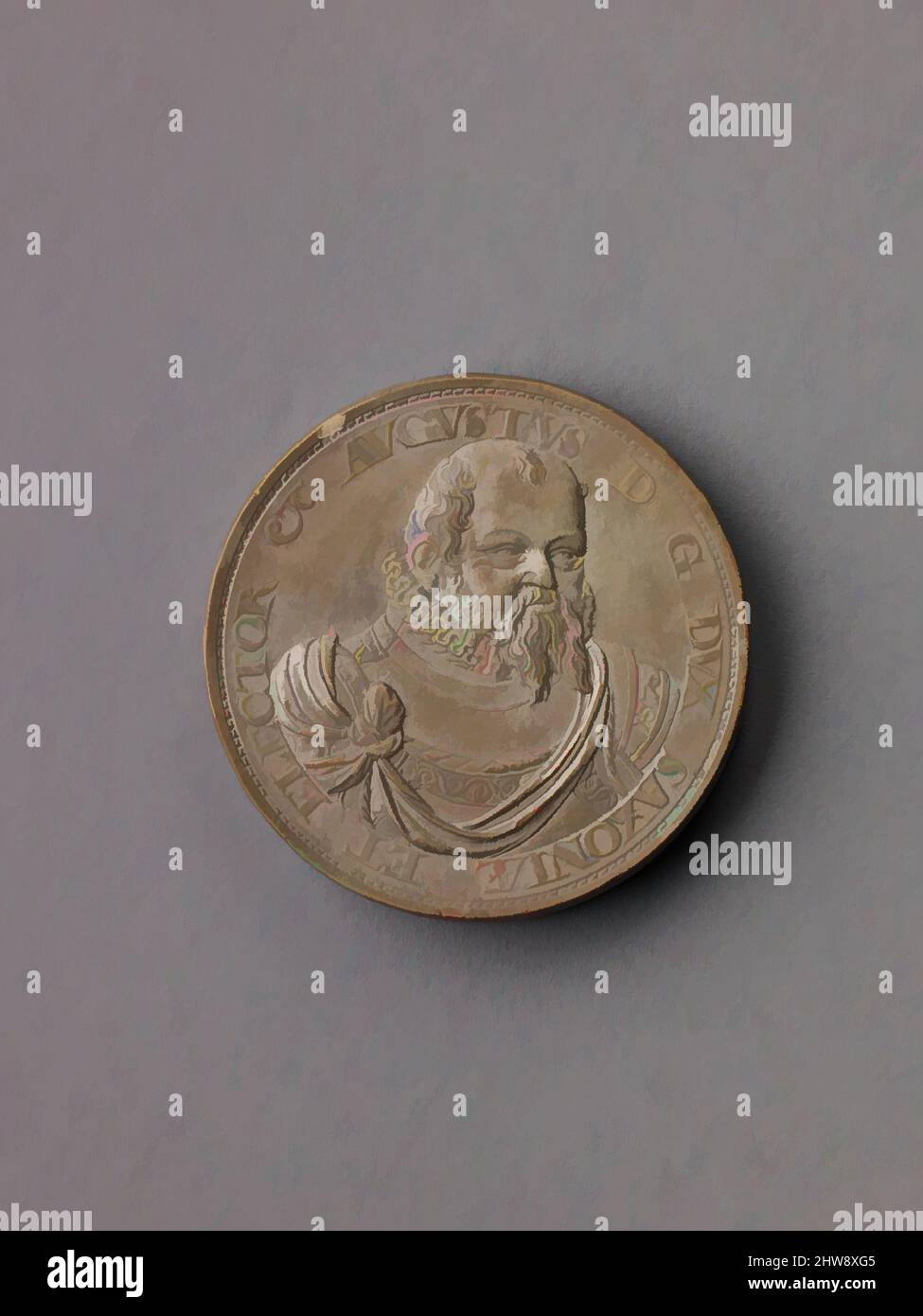 Arte ispirata dal modello per una medaglia ritratto di Augusto, Elettore di Sassonia, 1575, polacco o tedesco, pietra di miele, Diam. 2,9 cm., Medaglie, Tobias Wolff (documentato 1561–1606), Slesia (Breslau) o Sassonia (Dresda?), questo modello in pietra per una medaglia porta un ritratto di Augusto, Elettore di, opere classiche modernizzate da Artotop con un tuffo di modernità. Forme, colore e valore, impatto visivo accattivante sulle emozioni artistiche attraverso la libertà delle opere d'arte in modo contemporaneo. Un messaggio senza tempo che persegue una nuova direzione selvaggiamente creativa. Artisti che si rivolgono al supporto digitale e creano l'NFT Artotop Foto Stock