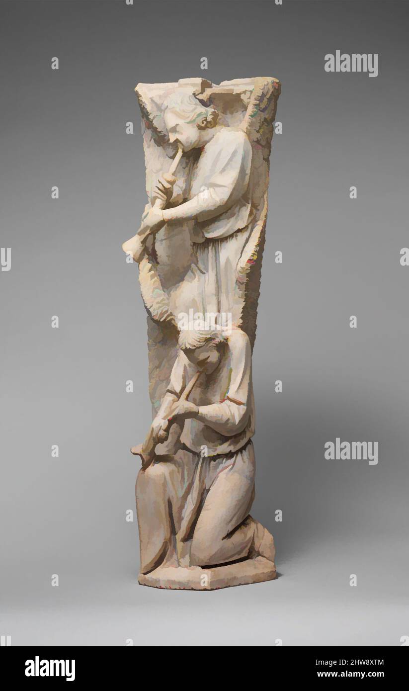 Arte ispirata al pilaster degli Angeli che suonano le trombe del Parapetto di un pulpito, 1302–10, made in Pisa, Tuscany, Italy, Italiano Centrale, marmo (Lunense da Carrara (Italia)), tracce di policromia, totale: 33 5/8 x 9 1/8 x 7 pollici (85,4 x 23,2 x 17,8 cm), scultura-pietra, laboratorio di, opere classiche modernizzate da Artotop con un tuffo di modernità. Forme, colore e valore, impatto visivo accattivante sulle emozioni artistiche attraverso la libertà delle opere d'arte in modo contemporaneo. Un messaggio senza tempo che persegue una nuova direzione selvaggiamente creativa. Artisti che si rivolgono al supporto digitale e creano l'NFT Artotop Foto Stock