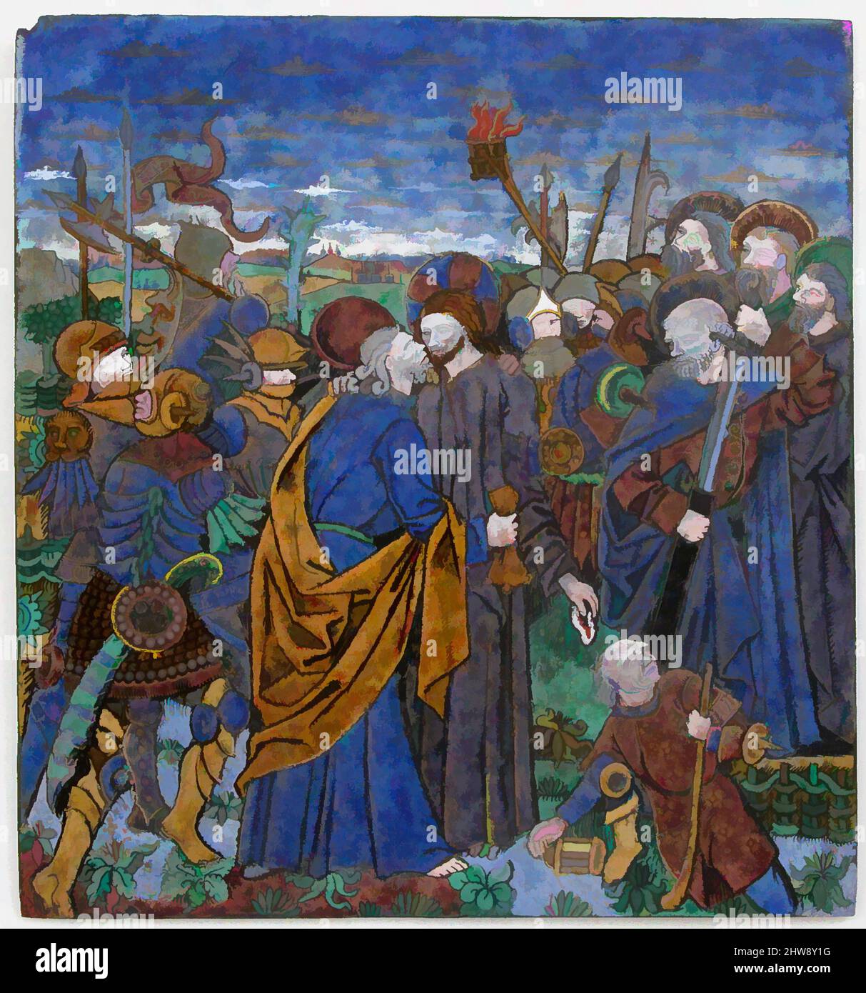 Arte ispirata dalla lapide con il tradimento di Cristo, 15th secolo, made in Limoges, Francia, francese, Smalto verniciato, rame, totale (senza telaio): 9 13/16 x 9 1/8 x 1/16 poll. (24,9 x 23,2 x 0,2 cm), dipinti di Enamels, Monvaerni, gli smalti 'Monvaerni' sono probabilmente i più antichi da esporre, opere classiche modernizzate da Artotop con un tuffo di modernità. Forme, colore e valore, impatto visivo accattivante sulle emozioni artistiche attraverso la libertà delle opere d'arte in modo contemporaneo. Un messaggio senza tempo che persegue una nuova direzione selvaggiamente creativa. Artisti che si rivolgono al supporto digitale e creano l'NFT Artotop Foto Stock