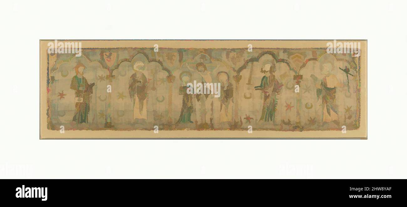 Arte ispirata alla Crocifissione fiancheggiata da Santi, ca. 1270 (probabilmente prima del 1272), inglese, Silk, totale: 7 1/2 x 29 1/4 poll. (19,1 x 74,3 cm), tessuto-ricamato-ecclesiastico, ricamo inglese, o opus anglicanum (opera inglese), era presente in tutta Europa. Questo piccolo ma raffinato pannello, opere classiche modernizzate da Artotop con un tuffo di modernità. Forme, colore e valore, impatto visivo accattivante sulle emozioni artistiche attraverso la libertà delle opere d'arte in modo contemporaneo. Un messaggio senza tempo che persegue una nuova direzione selvaggiamente creativa. Artisti che si rivolgono al supporto digitale e creano l'NFT Artotop Foto Stock