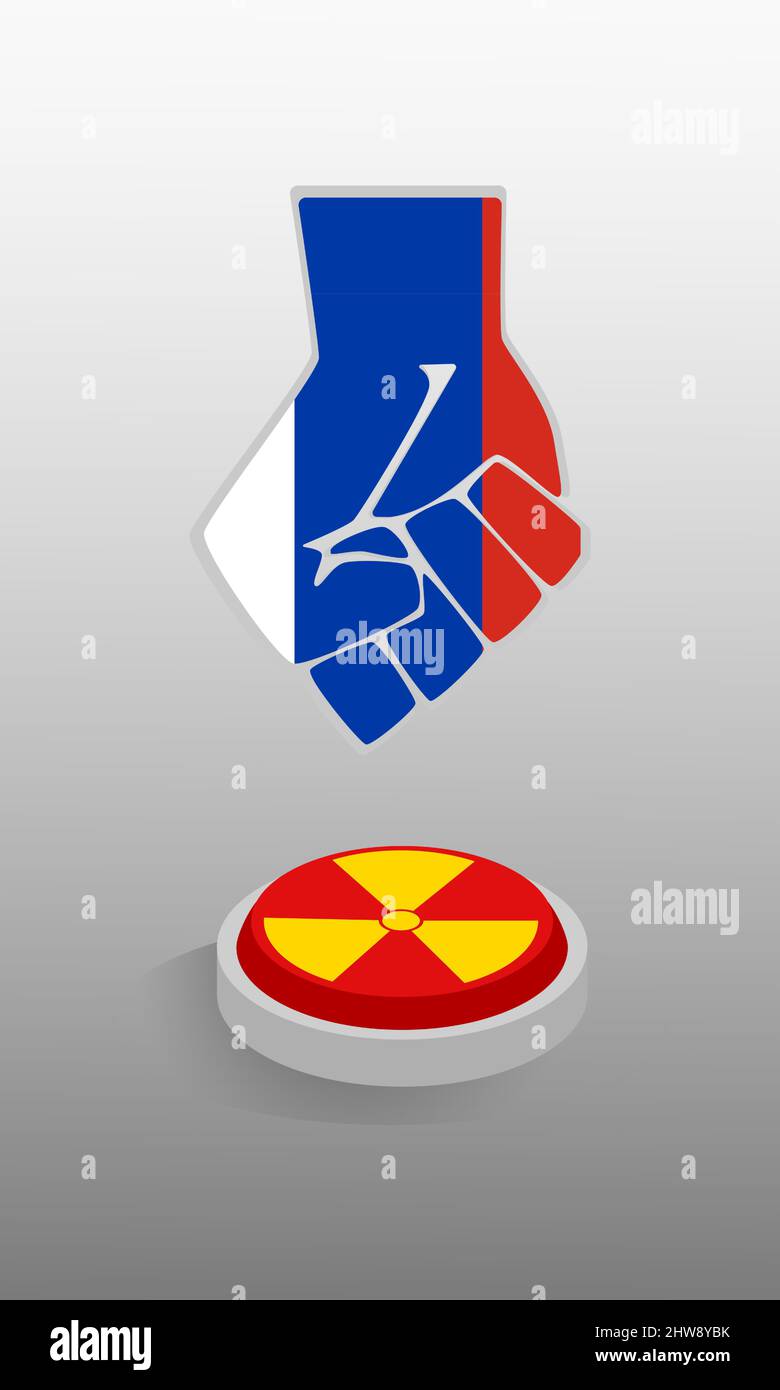 Premere manualmente il pulsante di avviamento. Pugno in colori della bandiera russa pronto a far cadere una bomba atomica o nucleare. Illustrazione Vettoriale