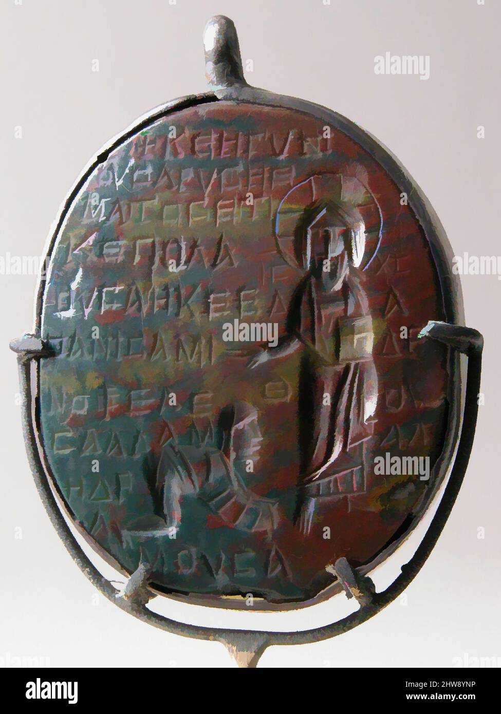 Arte ispirata ad Amulet scolpito in intaglio (incisa), 6th–7th secolo, realizzato in Egitto bizantino, copto, ematite, montatura in argento, totale: 1 15/16 x 1 7/16 x 3/8 pollici (5 x 3,7 x 1 cm), opera lapidaria-ematite, iscrizioni identificano il tema di questo amuleto come la Donna con il numero di, opere classiche modernizzate da Artotop con un tuffo di modernità. Forme, colore e valore, impatto visivo accattivante sulle emozioni artistiche attraverso la libertà delle opere d'arte in modo contemporaneo. Un messaggio senza tempo che persegue una nuova direzione selvaggiamente creativa. Artisti che si rivolgono al supporto digitale e creano l'NFT Artotop Foto Stock
