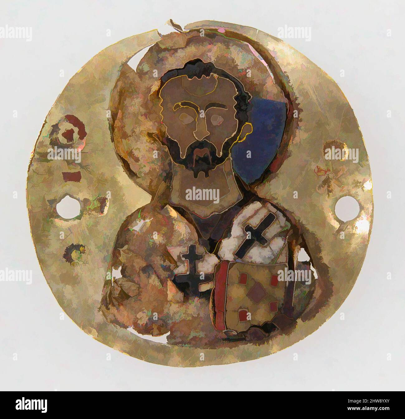 Arte ispirata a Medallion di San Giovanni Crisostomo, 10th–11th secolo, bizantino, smalto cloisonné, oro, Totale: 1 x 1/16 poll. (2,6 x 0,1 cm), Enamels-cloisonné, opere classiche modernizzate da Artotop con un tocco di modernità. Forme, colore e valore, impatto visivo accattivante sulle emozioni artistiche attraverso la libertà delle opere d'arte in modo contemporaneo. Un messaggio senza tempo che persegue una nuova direzione selvaggiamente creativa. Artisti che si rivolgono al supporto digitale e creano l'NFT Artotop Foto Stock