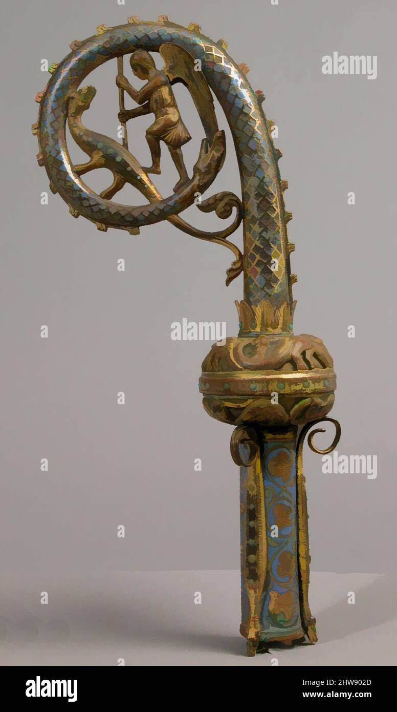 Arte ispirata dal Capo di un Crozier con San Michele che posa il drago, 1220–30, made in Limoges, France, French, Smalto Champlevé, rame-dorato, pasta di vetro, totale: 12 13/16 x 4 15/16 x 2 3/4 pollici (32,5 x 12,5 x 7 cm), Enamels-Champlevé, opere classiche modernizzate da Artotop con un tocco di modernità. Forme, colore e valore, impatto visivo accattivante sulle emozioni artistiche attraverso la libertà delle opere d'arte in modo contemporaneo. Un messaggio senza tempo che persegue una nuova direzione selvaggiamente creativa. Artisti che si rivolgono al supporto digitale e creano l'NFT Artotop Foto Stock