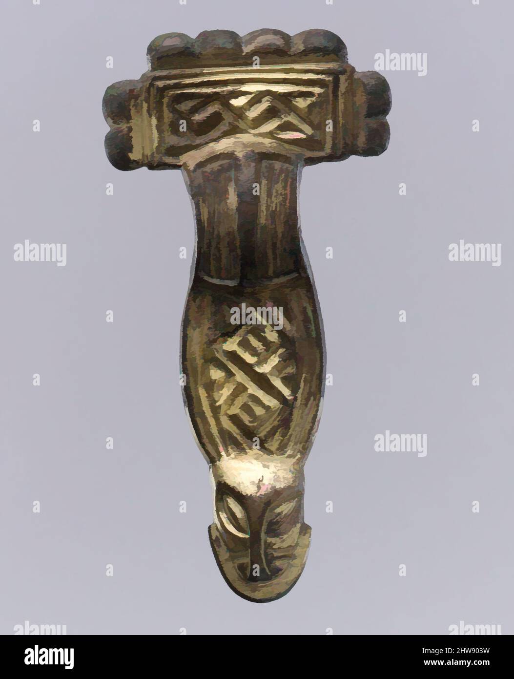 Arte ispirata al Bow Brooch con testa quadrata, prima metà del 6th secolo, Langobardic, lega di rame, dorato, argentato sulla faccia interna, totale: 2 1/2 x 1 1/4 x 1/2 pollici (6,4 x 3,2 x 1,2 cm), in lega di rame metallizzato, opere classiche modernizzate da Artotop con un tocco di modernità. Forme, colore e valore, impatto visivo accattivante sulle emozioni artistiche attraverso la libertà delle opere d'arte in modo contemporaneo. Un messaggio senza tempo che persegue una nuova direzione selvaggiamente creativa. Artisti che si rivolgono al supporto digitale e creano l'NFT Artotop Foto Stock