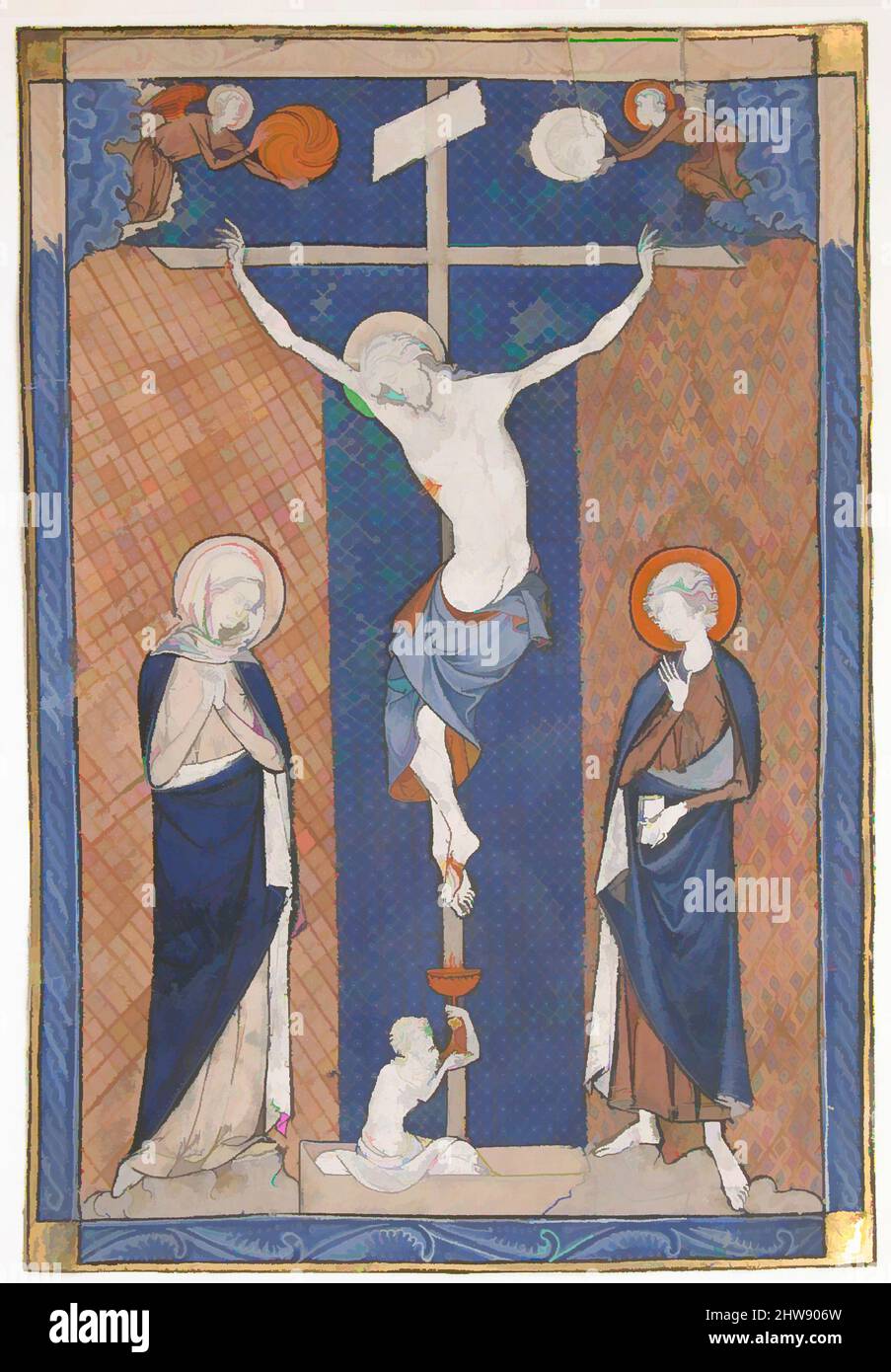 Arte ispirata al manoscritto foglia con la Crocifissione, da un Messale, ca. 1270–80, fabbricato a Parigi, Francia, Francia, Tempera e oro in pergamena, totale (folio): 8 3/4 x 5 7/8in. (22,2 x 14,9cm), Manuscripts and Illuminations, uno squisito esempio di quell'arte che, a Parigi, chiamano, opere classiche modernizzate da Artotop con un tuffo di modernità. Forme, colore e valore, impatto visivo accattivante sulle emozioni artistiche attraverso la libertà delle opere d'arte in modo contemporaneo. Un messaggio senza tempo che persegue una nuova direzione selvaggiamente creativa. Artisti che si rivolgono al supporto digitale e creano l'NFT Artotop Foto Stock