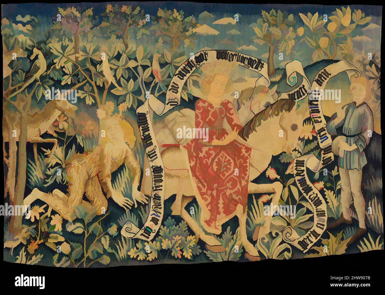 Arte ispirata a due scene del 'Der Busant' (il Buzzard), 1480–90, made in Strasbourg, Alsazia, l'odierna Francia, Rhenish superiore, ordito di lino; lana, seta, lino, cotone e trame metalliche, 31 1/8 x 44 1/2 pollici (79 x 113 cm), tessili-arazzi, Rücklaken erano destinati ad essere appesi, opere classiche modernizzate da Artotop con un tuffo di modernità. Forme, colore e valore, impatto visivo accattivante sulle emozioni artistiche attraverso la libertà delle opere d'arte in modo contemporaneo. Un messaggio senza tempo che persegue una nuova direzione selvaggiamente creativa. Artisti che si rivolgono al supporto digitale e creano l'NFT Artotop Foto Stock