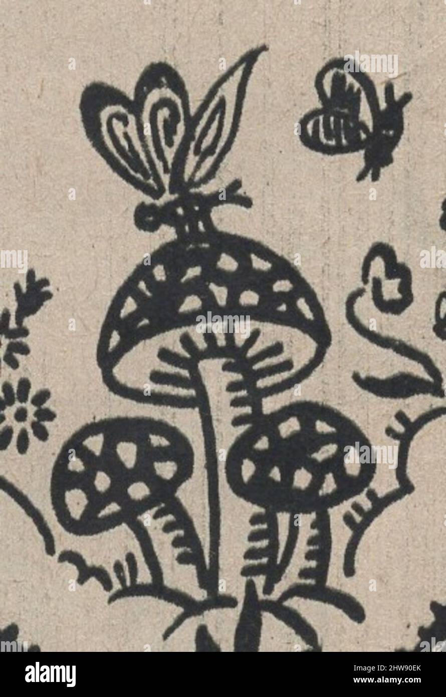 vintage monocromatico disegno a mano immagine grafica su una vita selvaggia con funghi, farfalla e fiori Foto Stock