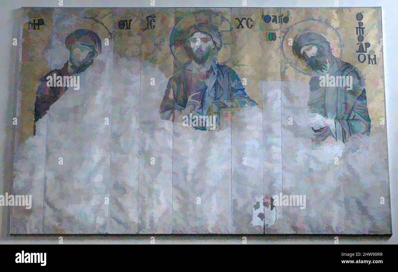 Arte ispirata a Copia dipinta di Mosaico Deesis, inizio 20th secolo (originale datato 13th secolo), bizantino, pittura su tela, 12 piedi. 11 1/2 poll. x 19 piedi 8 7/8 poll. (395 x 601,7 cm), riproduzioni-mosaici, il mosaico originale che mostra la Deesi (Cristo affiancato dalla Vergine e dal santo, opere classiche modernizzate da Artotop con un tuffo di modernità. Forme, colore e valore, impatto visivo accattivante sulle emozioni artistiche attraverso la libertà delle opere d'arte in modo contemporaneo. Un messaggio senza tempo che persegue una nuova direzione selvaggiamente creativa. Artisti che si rivolgono al supporto digitale e creano l'NFT Artotop Foto Stock