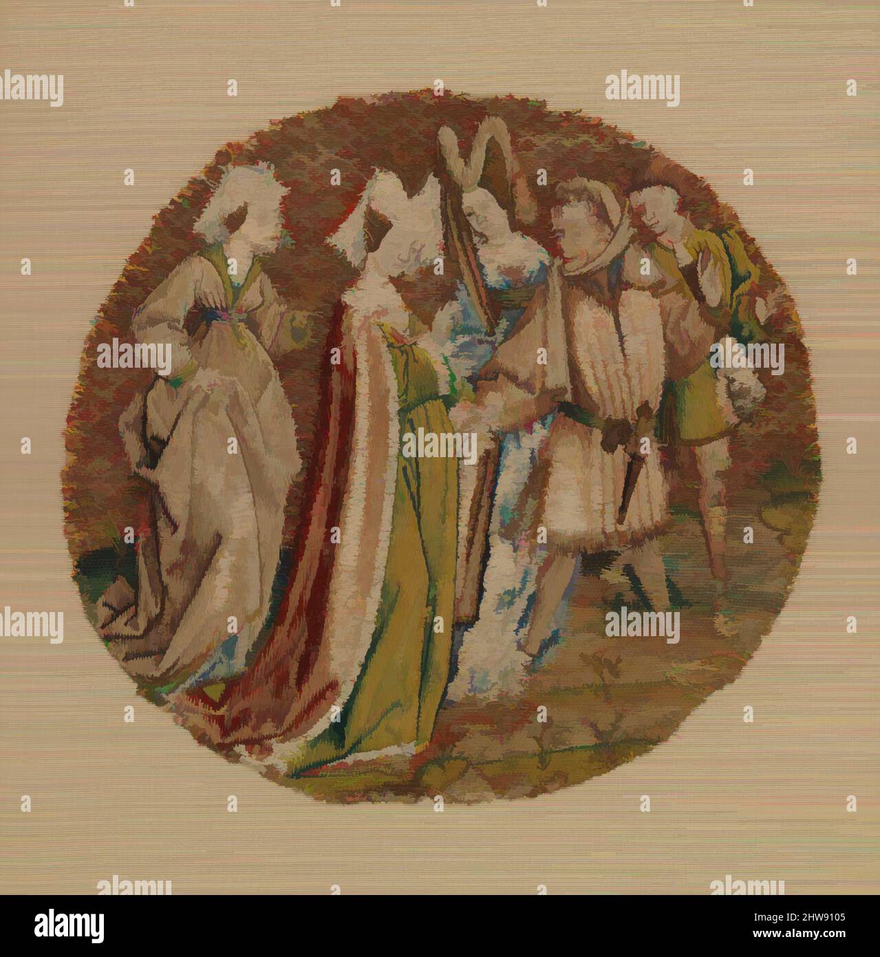 Arte ispirata dall'imperatrice e dal Porphyrius Visita Santa Caterina in carcere, ca. 1430, Netherlandish del Sud, filo di seta e metallo su lino, Diamter: 6 1/2in. (16,5cm), tessuti ricamati, opere classiche modernizzate da Artotop con un tuffo di modernità. Forme, colore e valore, impatto visivo accattivante sulle emozioni artistiche attraverso la libertà delle opere d'arte in modo contemporaneo. Un messaggio senza tempo che persegue una nuova direzione selvaggiamente creativa. Artisti che si rivolgono al supporto digitale e creano l'NFT Artotop Foto Stock