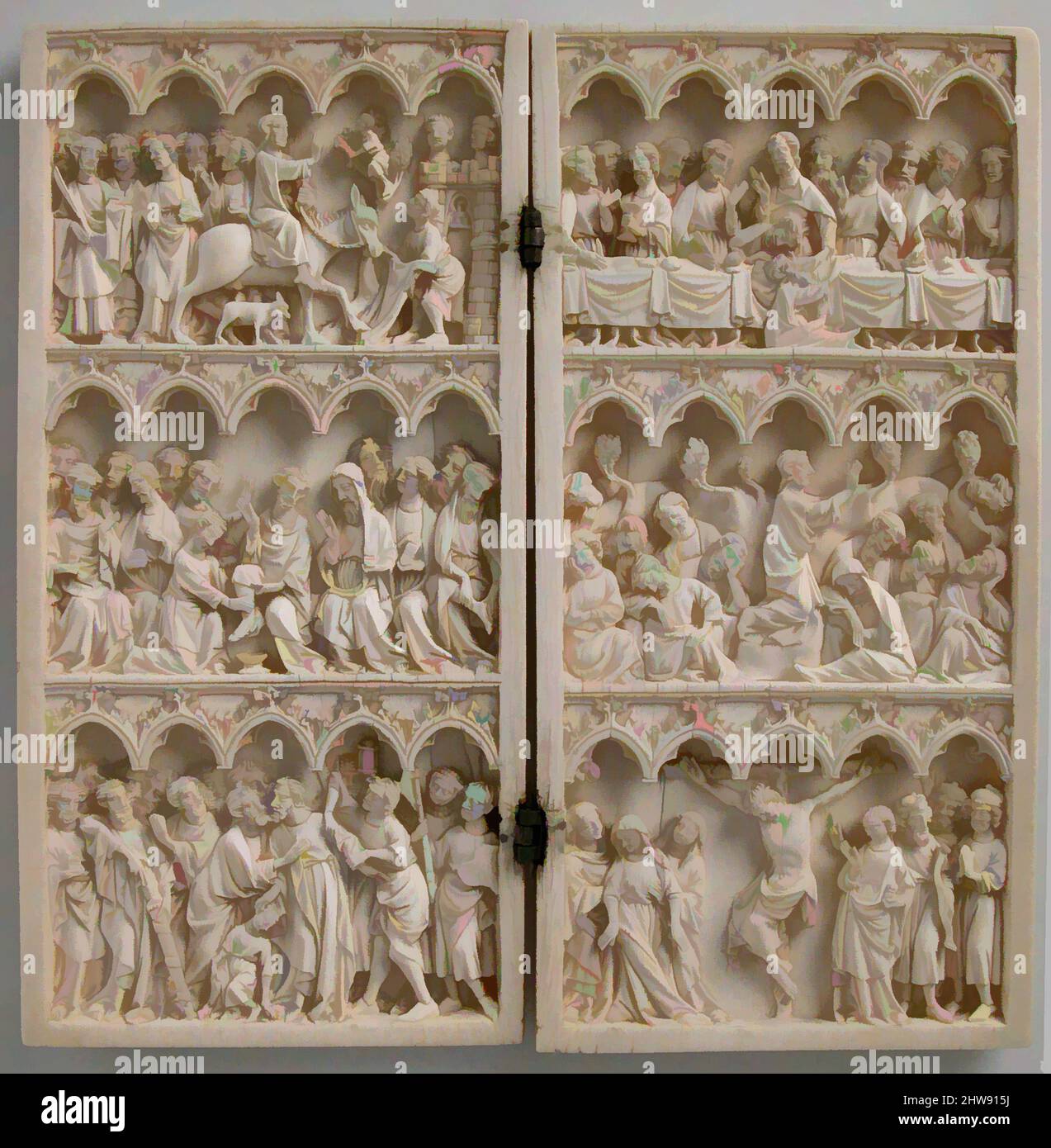 Arte ispirata a Diptych con scene della Passione di Cristo, ca. 1350–75, made in Paris(?), France, French, Ivory con supporti in metallo, tuta (aperta): 8 x 7 15/16 x 7/16" (20,3 x 20,2 x 1,1 cm), avori, queste scene di Passione corrispondono strettamente ad entrambi i manoscritti parigini illuminazione, opere classiche modernizzate da Artotop con un tuffo di modernità. Forme, colore e valore, impatto visivo accattivante sulle emozioni artistiche attraverso la libertà delle opere d'arte in modo contemporaneo. Un messaggio senza tempo che persegue una nuova direzione selvaggiamente creativa. Artisti che si rivolgono al supporto digitale e creano l'NFT Artotop Foto Stock