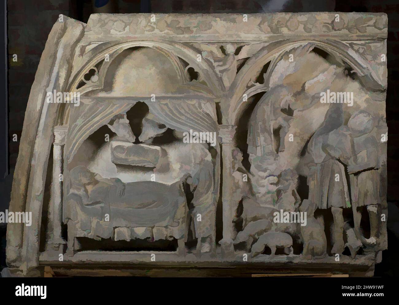 Arte ispirata al timpano Sezione con la Natività e l'Annunciazione ai Pastori, ca. 1275–1300, prodotto in Champagne, Francia settentrionale, calcare, totale: 35 x 54 1/4 x 11 1/4 pollici (88,9 x 137,8 x 28,6 cm), scultura-architettura, da un portale della chiesa non identificato, questo timpano mostra, opere classiche modernizzate da Artotop con un tuffo di modernità. Forme, colore e valore, impatto visivo accattivante sulle emozioni artistiche attraverso la libertà delle opere d'arte in modo contemporaneo. Un messaggio senza tempo che persegue una nuova direzione selvaggiamente creativa. Artisti che si rivolgono al supporto digitale e creano l'NFT Artotop Foto Stock