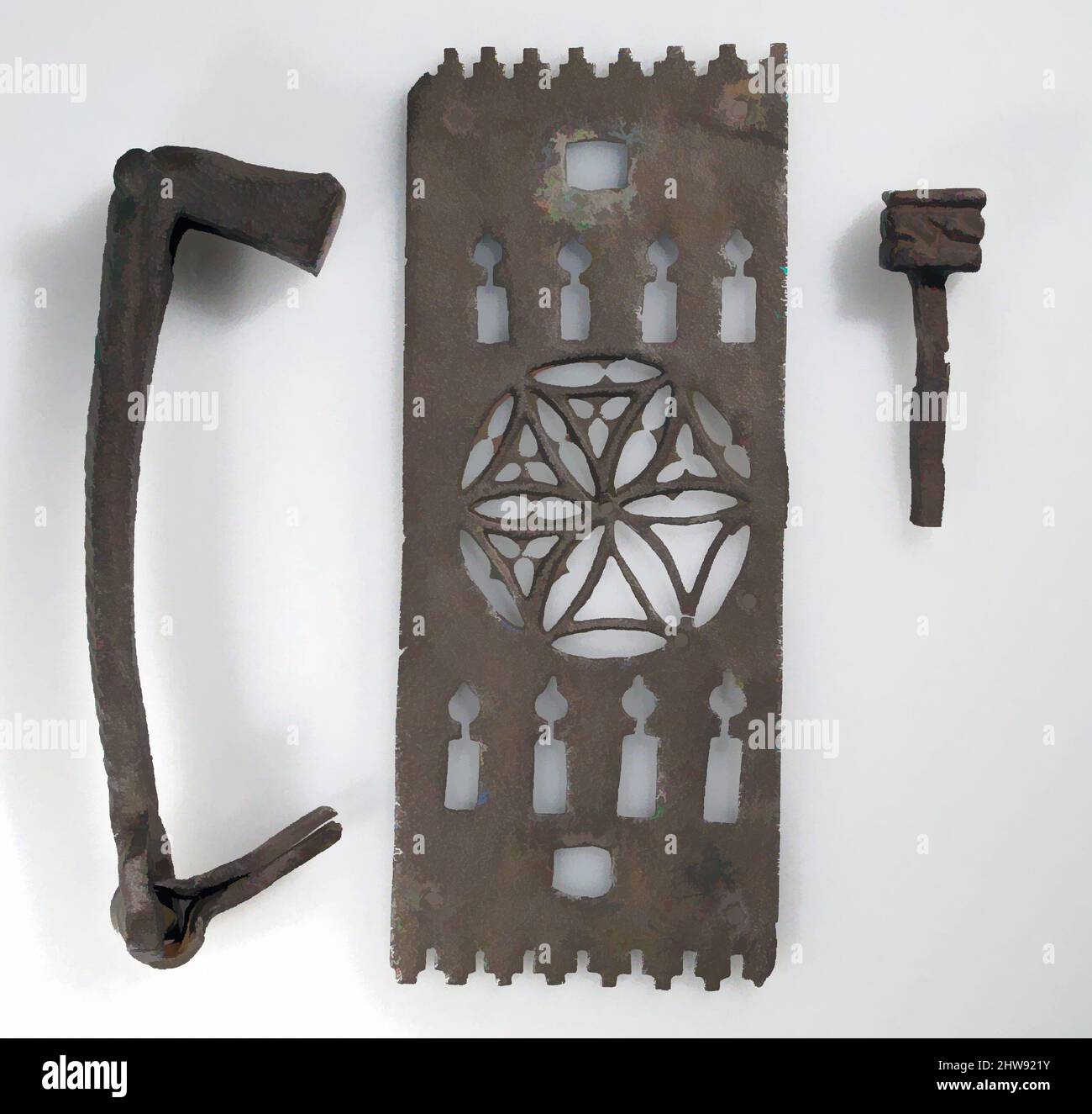 Arte ispirata a Door Knocker con piastra e chiodo, 15th–16th secolo, europeo, ferro, Knocker, L: 8 1/2in.(21,6cm); H: 2 1/2in.(6,4cm), ferro metallizzato, opere classiche modernizzate da Artotop con un tuffo di modernità. Forme, colore e valore, impatto visivo accattivante sulle emozioni artistiche attraverso la libertà delle opere d'arte in modo contemporaneo. Un messaggio senza tempo che persegue una nuova direzione selvaggiamente creativa. Artisti che si rivolgono al supporto digitale e creano l'NFT Artotop Foto Stock