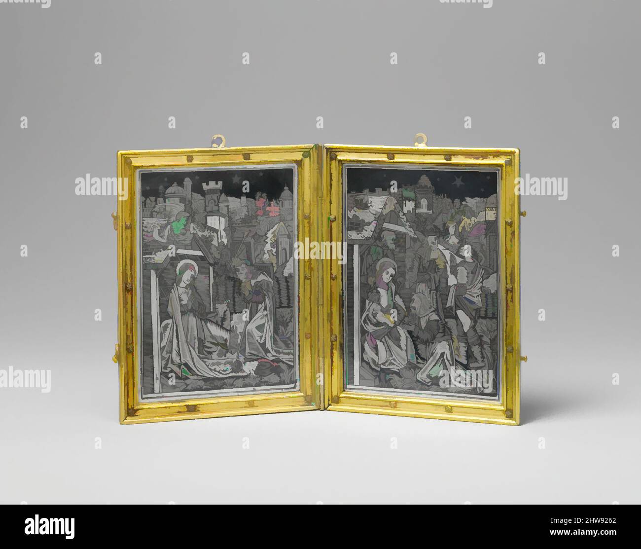 Arte ispirata al Diptico devozionale con la Natività e l'Adorazione, ca. 1500, made in Paris, France, French, Silver, niello, lega di rame dorato, totale: 5 1/2 x 8 3/16 x 1/4in. (13,9 x 20,8 x 0,7cm), Metalwork-Silver, le scene di questo diptych trovano un eco nelle pagine di a, opere classiche modernizzate da Artotop con un tuffo di modernità. Forme, colore e valore, impatto visivo accattivante sulle emozioni artistiche attraverso la libertà delle opere d'arte in modo contemporaneo. Un messaggio senza tempo che persegue una nuova direzione selvaggiamente creativa. Artisti che si rivolgono al supporto digitale e creano l'NFT Artotop Foto Stock