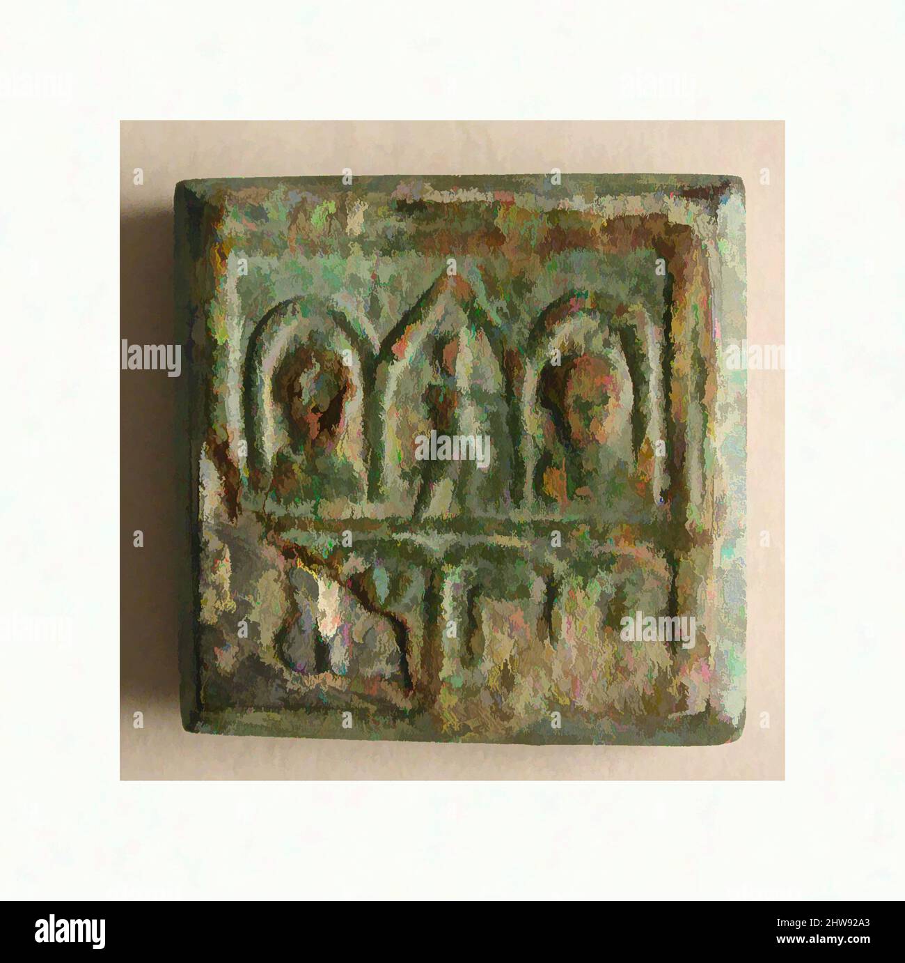 Art Inspired by Copper-Alloy Balance Weight with Figures in an Architectural Setting, 5th–6th Century, Bizantine, Copper Alloy, 3/8 x 1 1/4 x 1 1/4 in., 2,8oz. (1 x 3,1 x 3,1 cm, 80g), lega metallo-rame, simboli e persone sono spesso raffigurati all'interno di un ambiente architettonico su, opere classiche modernizzate da Artotop con un tuffo di modernità. Forme, colore e valore, impatto visivo accattivante sulle emozioni artistiche attraverso la libertà delle opere d'arte in modo contemporaneo. Un messaggio senza tempo che persegue una nuova direzione selvaggiamente creativa. Artisti che si rivolgono al supporto digitale e creano l'NFT Artotop Foto Stock