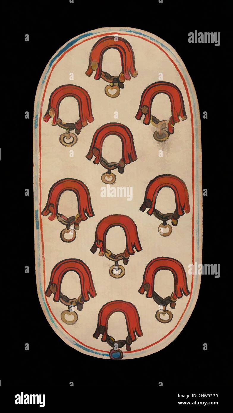 Art inspired by 10 of Collars, from The Cloisters Playing Cards, ca. 1475–80, Made in Burgundian territories, South Netherlandish, Paper (four layers of pasteboard) with pen and ink, opaque paint, glazes, and applied silver and gold, 5 3/16 × 2 3/4 in. (13.2 × 7 cm), Miscellaneous-, Classic works modernized by Artotop with a splash of modernity. Shapes, color and value, eye-catching visual impact on art. Emotions through freedom of artworks in a contemporary way. A timeless message pursuing a wildly creative new direction. Artists turning to the digital medium and creating the Artotop NFT Foto Stock