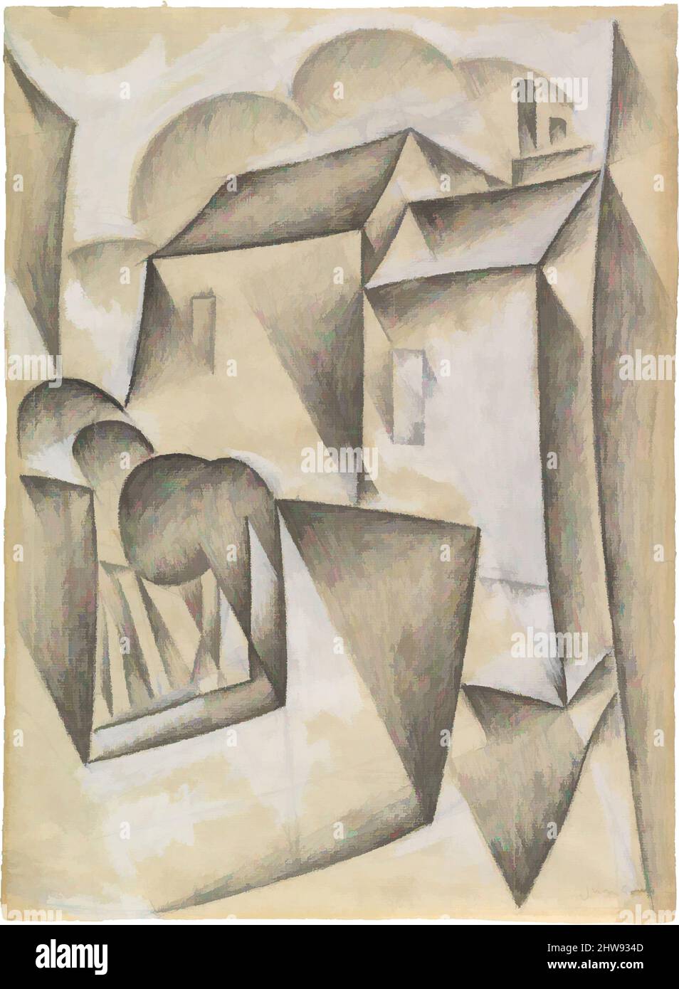 Arte ispirata alle Case di Parigi, Place Ravignan, Parigi, 1911, gesso nero e gouache su carta bianca, 16 7/8 x 12 3/8 pollici. (42,9 x 31,4 cm), disegni, Juan Gris (spagnolo, Madrid 1887–1927 Boulogne-sur-Seine), questo studio per un dipinto ad olio dello stesso titolo (Case a Parigi, Place, opere classiche modernizzate da Artotop con un tuffo di modernità. Forme, colore e valore, impatto visivo accattivante sulle emozioni artistiche attraverso la libertà delle opere d'arte in modo contemporaneo. Un messaggio senza tempo che persegue una nuova direzione selvaggiamente creativa. Artisti che si rivolgono al supporto digitale e creano l'NFT Artotop Foto Stock