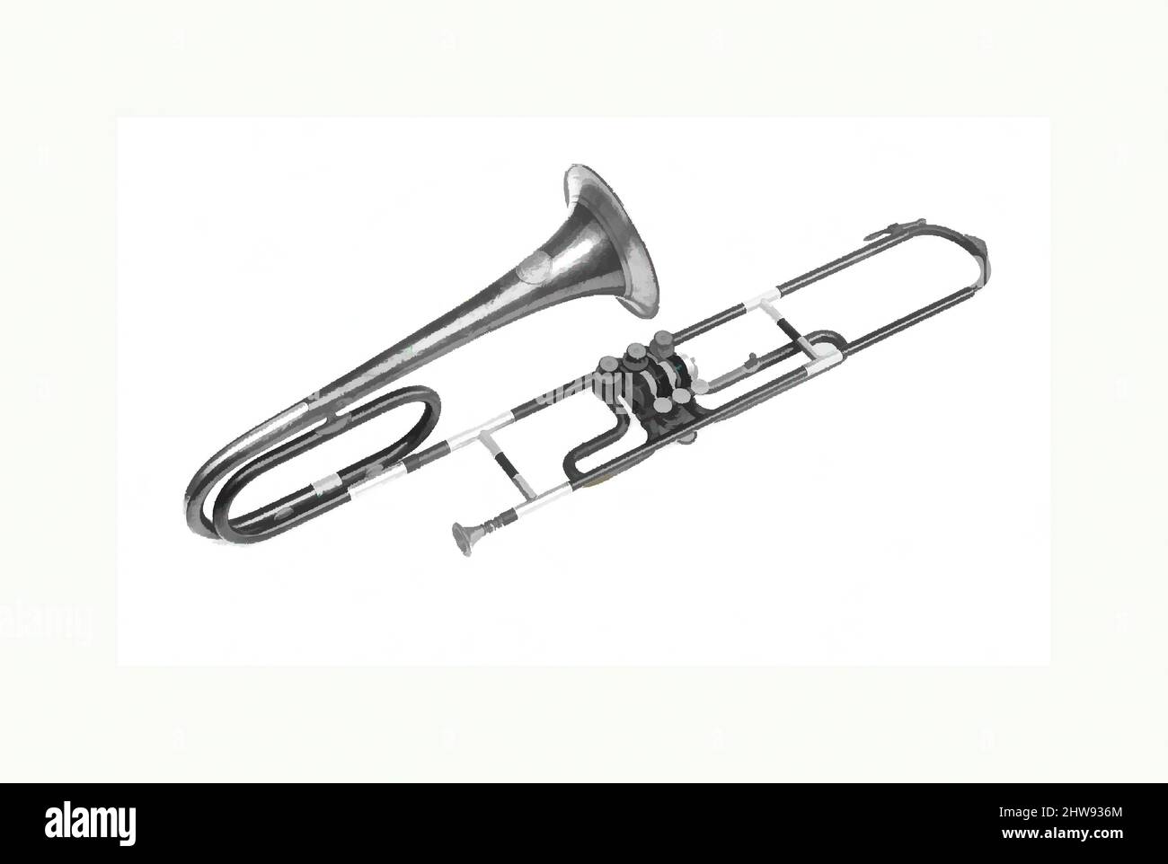 Arte ispirata dal Trombone Tenor Valve in B-flat, fine 19th secolo, Bologna, Italia, Ottone, nichel-argento, lunghezza: 95cm (37 3/8in.) Diametro campana: 17cm (6 11/16in.), tromba vibrante / trombone Aerophone-labbro, Pietro Borsari (attivo alla fine del 19th secolo, opere classiche modernizzate da Artotop con un tuffo di modernità. Forme, colore e valore, impatto visivo accattivante sulle emozioni artistiche attraverso la libertà delle opere d'arte in modo contemporaneo. Un messaggio senza tempo che persegue una nuova direzione selvaggiamente creativa. Artisti che si rivolgono al supporto digitale e creano l'NFT Artotop Foto Stock