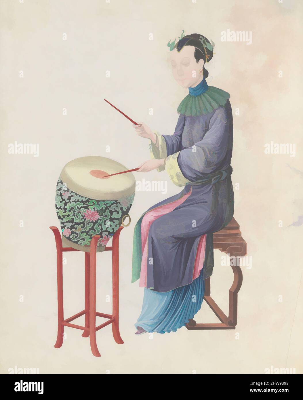 Arte ispirata da Watercolor del musicista che suona drum, fine 18th secolo, Cina, cinese, Watercolor su carta, Totale: 43,2 x 35,6 x 1,3cm (17 x 14 x 1/2in.), opere su carta, opere classiche modernizzate da Artotop con un tocco di modernità. Forme, colore e valore, impatto visivo accattivante sulle emozioni artistiche attraverso la libertà delle opere d'arte in modo contemporaneo. Un messaggio senza tempo che persegue una nuova direzione selvaggiamente creativa. Artisti che si rivolgono al supporto digitale e creano l'NFT Artotop Foto Stock