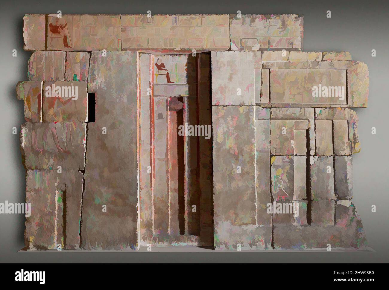 Arte ispirata dalla parete ovest della cappella di Kaemsenu con nicchie per Iretnub, Kaemsenu e Werdjedptah, Vecchio Regno, Dinastia 5–6, ca. 2420–2389 a.C., dall'Egitto, dalla Regione di Memphite, Saqqara, dal Cimitero della Piramide di Teti, All'angolo NW del recinto della Piramide di Teti, Tomba di Kaemsenu, parete ovest di culto, opere classiche modernizzate da Artotop con un tuffo di modernità. Forme, colore e valore, impatto visivo accattivante sulle emozioni artistiche attraverso la libertà delle opere d'arte in modo contemporaneo. Un messaggio senza tempo che persegue una nuova direzione selvaggiamente creativa. Artisti che si rivolgono al supporto digitale e creano l'NFT Artotop Foto Stock