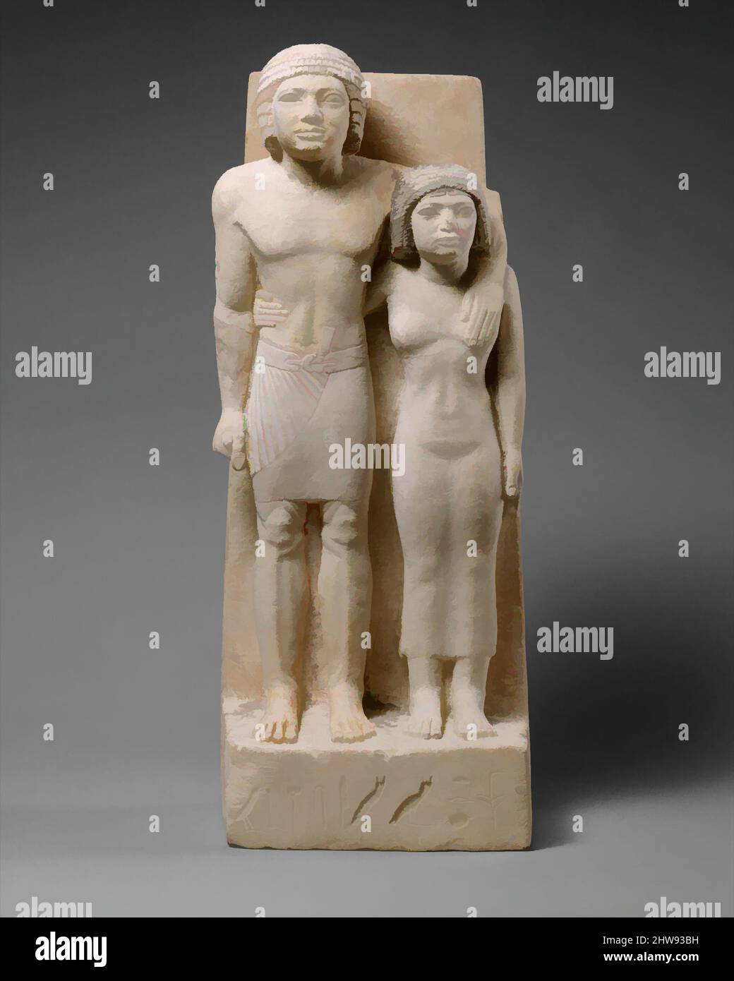 Arte ispirata ai reali conoscenti Memi e Sabu, Antico Regno, Dinastia 4, ca. 2575–2465 a.C., dall'Egitto; probabilmente dalla regione di Mifite, Giza, Cimitero Occidentale, calcare, vernice, h. 62 cm (24.7/16 poll.); w. 24,5 cm (9 5/8 poll.); d. 15,2 cm (6 poll.), questa statua evoca l'intimità di, opere classiche modernizzate da Artotop con un tuffo di modernità. Forme, colore e valore, impatto visivo accattivante sulle emozioni artistiche attraverso la libertà delle opere d'arte in modo contemporaneo. Un messaggio senza tempo che persegue una nuova direzione selvaggiamente creativa. Artisti che si rivolgono al supporto digitale e creano l'NFT Artotop Foto Stock