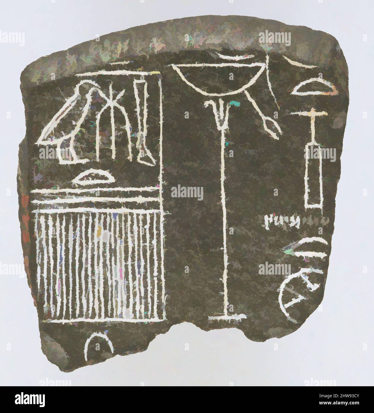 Arte ispirata dal frammento di una Dish dedicato da due Re alla dea Hathor di Dendera, Regno di mezzo, Dinastia 11-12, ca. 1988–1952 a.C., dall'Egitto, dalla regione di Membhite, dal Nord di Lisht, dal Cimitero, Ardesia, H. 4 cm (1 9/16 poll.); W. 4 cm (1 9/16 poll.), opere classiche modernizzate da Artotop con un tocco di modernità. Forme, colore e valore, impatto visivo accattivante sulle emozioni artistiche attraverso la libertà delle opere d'arte in modo contemporaneo. Un messaggio senza tempo che persegue una nuova direzione selvaggiamente creativa. Artisti che si rivolgono al supporto digitale e creano l'NFT Artotop Foto Stock