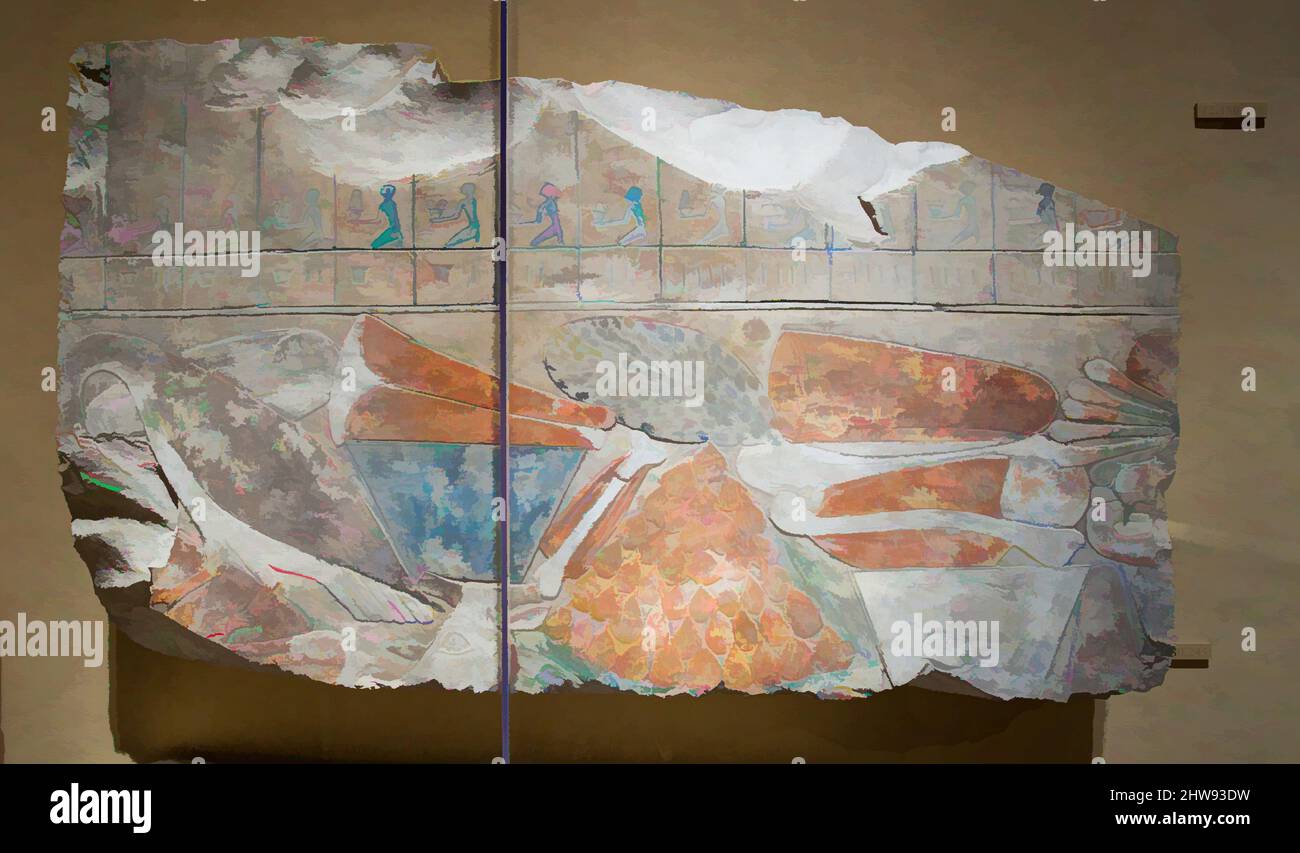 Arte ispirata da Relief Fragment che mostra un mucchio di offerte e parte di una lista di offerte, Middle Kingdom, Dynasty 11, ca. 2010–2000 a.C. o ca. 2000–1981 a.C., dall'Egitto, dall'Egitto superiore, da Tebe, dallo sceicco Abd el-Qurna, Tomba di Dagi (TT 103), 1911–12, calcare, vernice, H. 46,4 x W. 80,2 cm (, opere classiche modernizzate da Artotop con un tuffo di modernità. Forme, colore e valore, impatto visivo accattivante sulle emozioni artistiche attraverso la libertà delle opere d'arte in modo contemporaneo. Un messaggio senza tempo che persegue una nuova direzione selvaggiamente creativa. Artisti che si rivolgono al supporto digitale e creano l'NFT Artotop Foto Stock