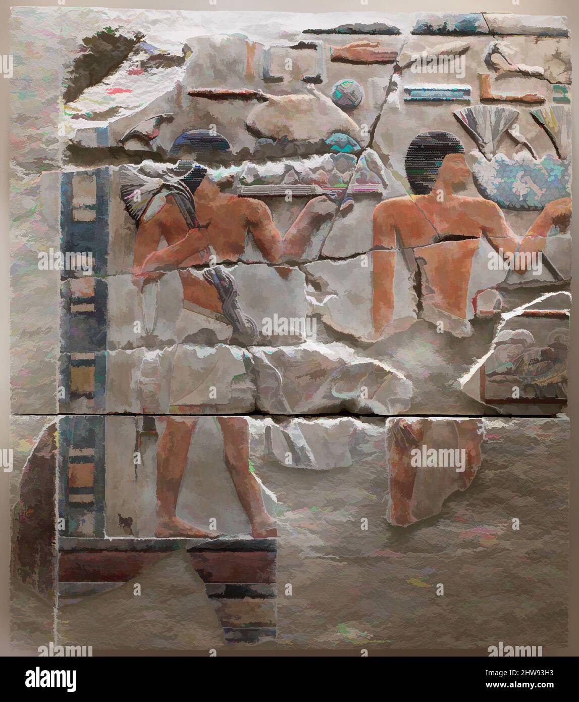 Arte ispirata dal rilievo che mostra la processione di offrire portatori, Medio Regno, Dinastia 12, ca. 1961–1917 a.C., dall'Egitto, regione di Memphite, Lisht Sud, Tempio della Piramide di Senwosret i, Santuario, parete sud, 1908–09, calcare, Paint, H. 146,2 cm (57 9/16 poll.); W. 128,3 cm (50 1/2 poll.), opere classiche modernizzate da Artotop con un tocco di modernità. Forme, colore e valore, impatto visivo accattivante sulle emozioni artistiche attraverso la libertà delle opere d'arte in modo contemporaneo. Un messaggio senza tempo che persegue una nuova direzione selvaggiamente creativa. Artisti che si rivolgono al supporto digitale e creano l'NFT Artotop Foto Stock