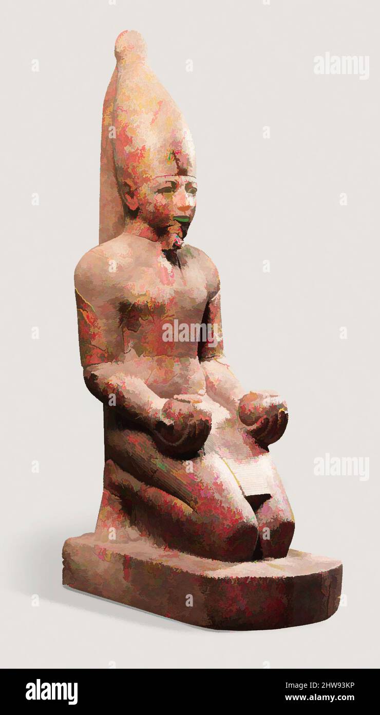 Arte ispirata dalla grande Statua inginocchiata di Hatshepsut, New Kingdom, Dynasty 18, ca. 1479–1458 a.C., dall'Egitto, dall'Egitto superiore, da Tebe, da Deir el-Bahri, Cava Senenmut, 1927–28, granito, H. 295,9 cm (116 1/2 poll.); W. di base 81,3 cm (32 poll.); d. di base 145,4 cm (57 1/4 poll.), nella sua terrazzata, opere classiche modernizzate da Artotop con un tuffo di modernità. Forme, colore e valore, impatto visivo accattivante sulle emozioni artistiche attraverso la libertà delle opere d'arte in modo contemporaneo. Un messaggio senza tempo che persegue una nuova direzione selvaggiamente creativa. Artisti che si rivolgono al supporto digitale e creano l'NFT Artotop Foto Stock