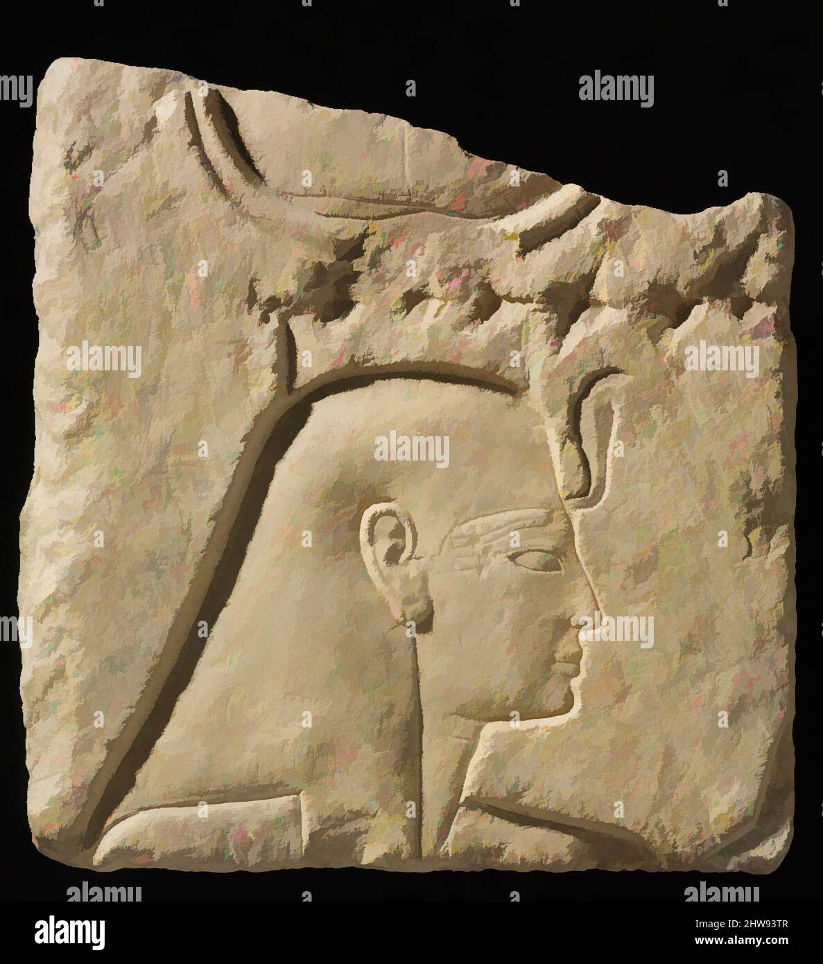 Arte ispirata da Relief of a Femminile Deity's Head, New Kingdom, Ramesside, Dynasty 19, ca. 1200–1194 a.C., dall'Egitto, calcare, H. 36,2 cm (14 1/4 in.); W. 35,5 cm (14 in.); D. 3,5 cm (1 3/8 in.), questa dea indossa il disco solare e le corna sopra un modius. Nell'angolo in basso a destra, le opere classiche modernizzate da Artotop con un tuffo di modernità. Forme, colore e valore, impatto visivo accattivante sulle emozioni artistiche attraverso la libertà delle opere d'arte in modo contemporaneo. Un messaggio senza tempo che persegue una nuova direzione selvaggiamente creativa. Artisti che si rivolgono al supporto digitale e creano l'NFT Artotop Foto Stock