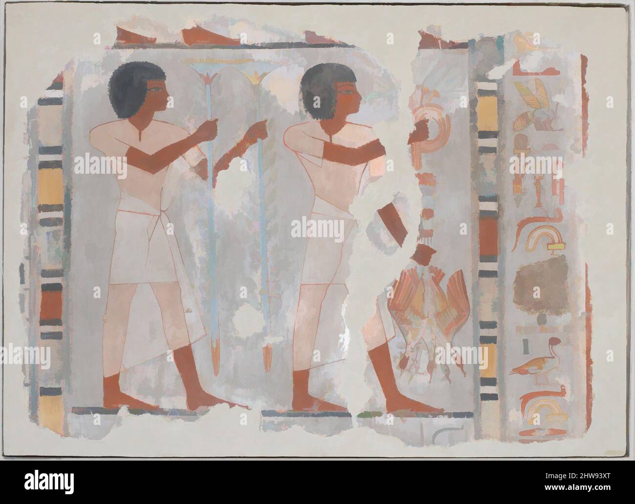 Arte ispirata da un frammento di pittura murale della Tomba di Sebekhotep, New Kingdom, Dynasty 18, ca. 1550–1295 a.C., dall'Egitto, dall'Egitto superiore, da Tebe, dallo sceicco Abd el-Qurna, Tomba di Sebekhotep (TT 63), Tempera vernice su intonaco di fango, H. 53,5 cm (21 1/16 poll.); W. 73,5 cm (28 15/16 poll.); D. 8., opere classiche modernizzate da Artotop con un tuffo di modernità. Forme, colore e valore, impatto visivo accattivante sulle emozioni artistiche attraverso la libertà delle opere d'arte in modo contemporaneo. Un messaggio senza tempo che persegue una nuova direzione selvaggiamente creativa. Artisti che si rivolgono al supporto digitale e creano l'NFT Artotop Foto Stock